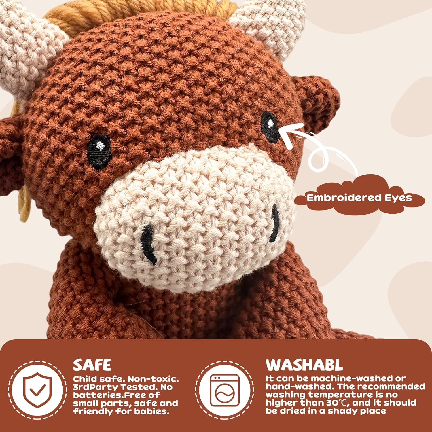 Highland Cow Stuffed Animal 11Inch Hand Knit Highland Cow Plush Toy Handemade Crochet Animals Soft Cotton Stuffed Animal Stuffy Plushie Knitted Animals Cute Baby Doll Birthday Gifts