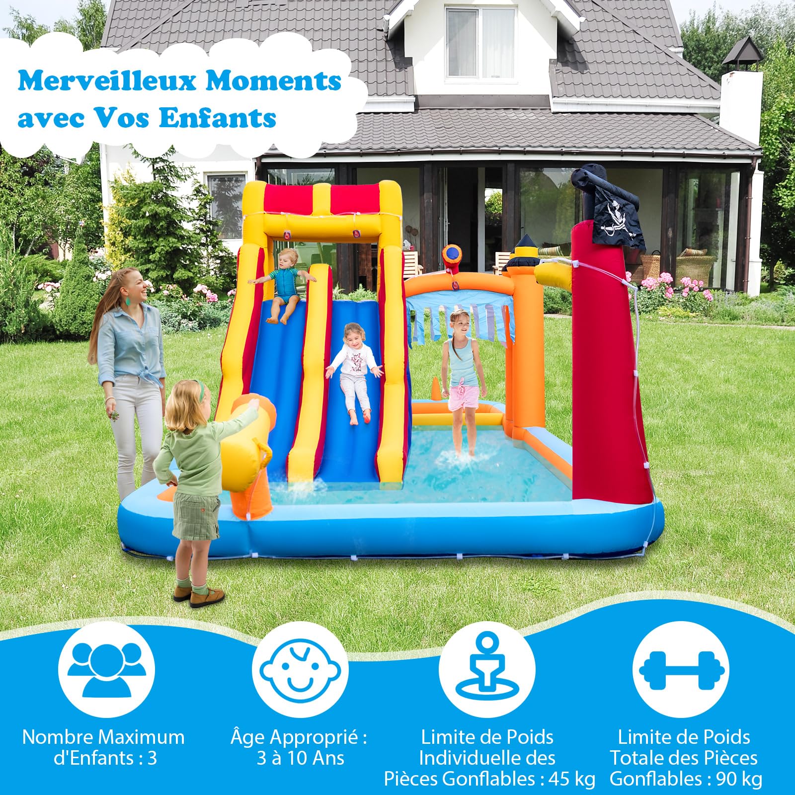 COSTWAY Château Gonflable en Forme Boîte avec Toboggan Aquatique & Mur d’Escalade, Aire de Jeux Gonflable avec Canon à Eau, Charge 90kg pour 3 Enfants de 3-10 Ans, 693x295x263 cm…