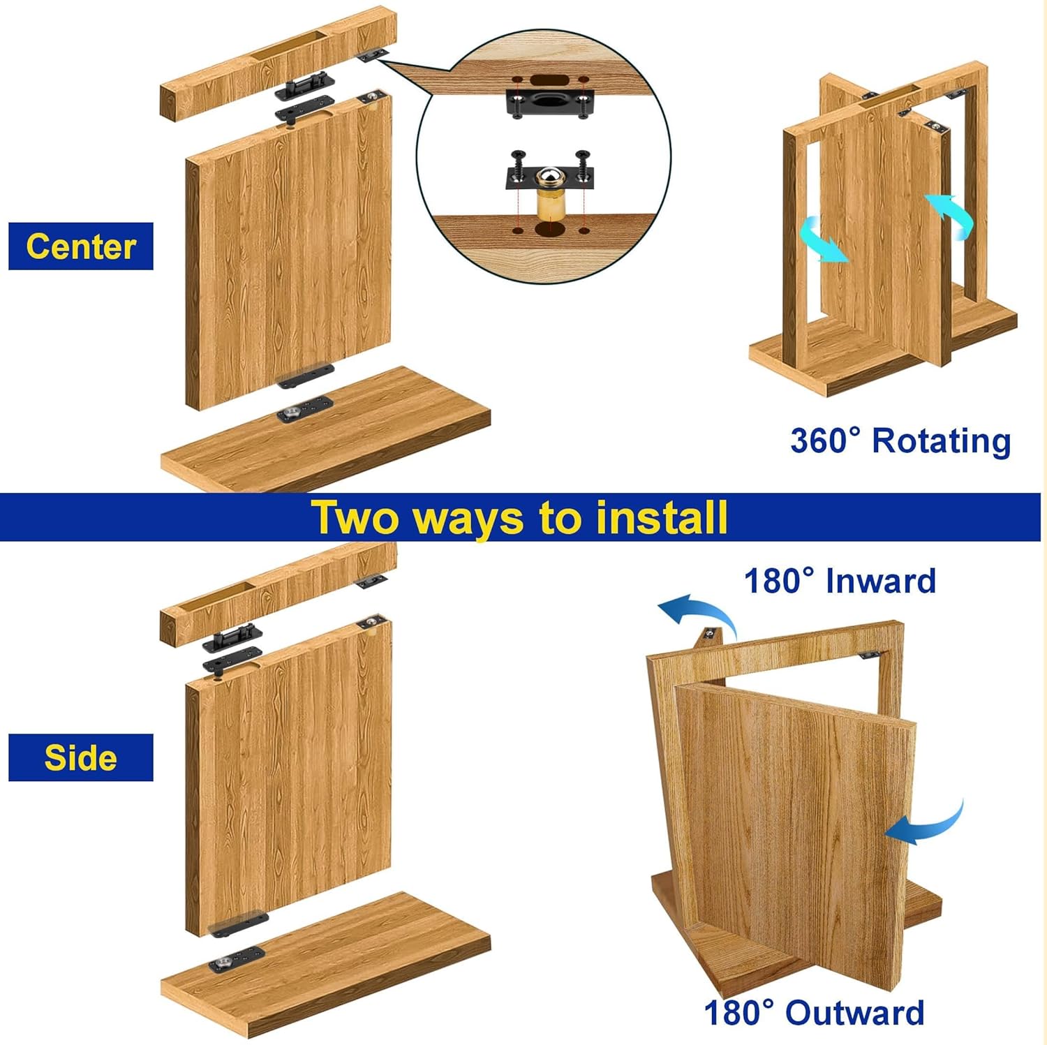 Hidden Pivot Hinge, 600LBS Load-Bearing,Thickened Solid Steel-Heavy Duty Hardware for Bookcase, Murphy Door Kit 360 Rotation Invisible Hinges for Secret Door，Bookcase, Shelf Doors