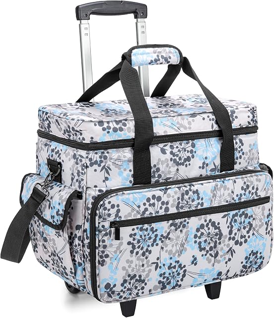 Teamoy Sewing Machine Case on Wheels, Rolling Sewing Machine Tote with Wheels and Bottom Wood Pad, Compatible with Singer, Brother and Most Majority Machines and Accessories, Dandelion