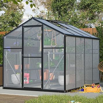 8x6 FT Hybrid Polycarbonate Greenhouse Walk-in Hot House Outdoor Hobby Greenhouse Kit Heavy Duty Aluminum for Backyard Garden with Hinged Door, Vent Window, Rain Gutter