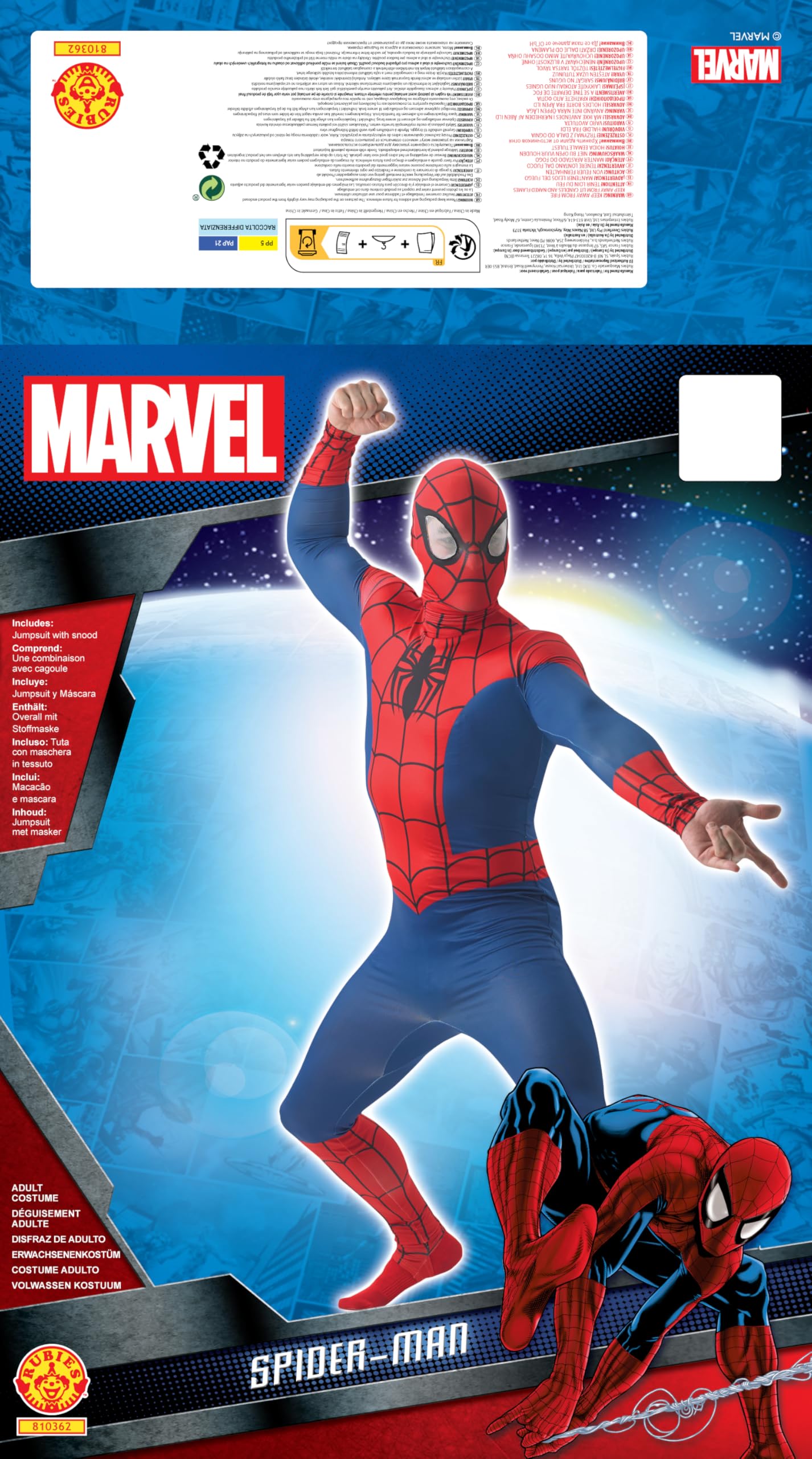 Rubies Disfraz Spiderman Deluxe para adultos, Jumpsuit impreso y máscara, Licencia Oficial Marvel para fiestas, cosplay, despedidas de soltero y Carnaval