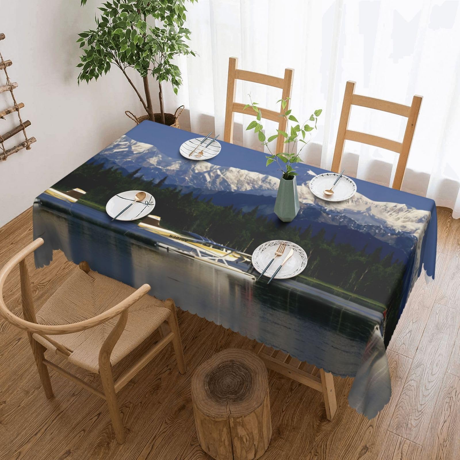 HLSBSSL Airplane On Lake Patterned square lace tablecloth, wrinkle-resistant and durable, suitable for dining tables, parties, etc.