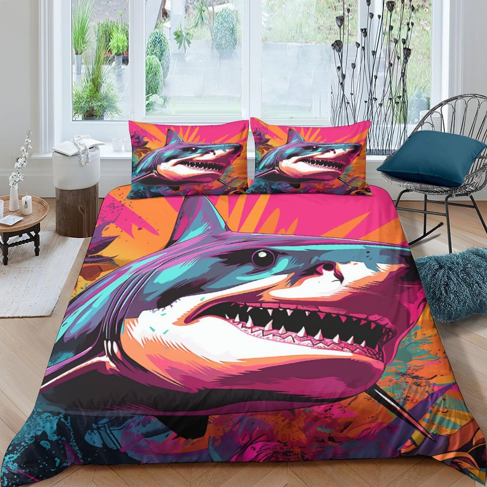 Housse de couette requin océan parure lit 3 pièces pour chambre enfant et adulte