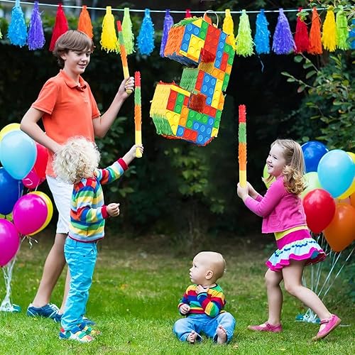 Miniatura 5 de Decoraciones de fiesta de cumpleaños de bloques de construcción para el tercer cumpleaños Número 3 Piñata con palo de piñata y venda para los ojos