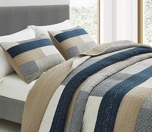 Miniatura 4 de Chezmoi Collection Dylan - Juego de edredón rectangular de 3 piezas, color azul marino, blanco, gris, gris topo, colcha acolchada de algodón