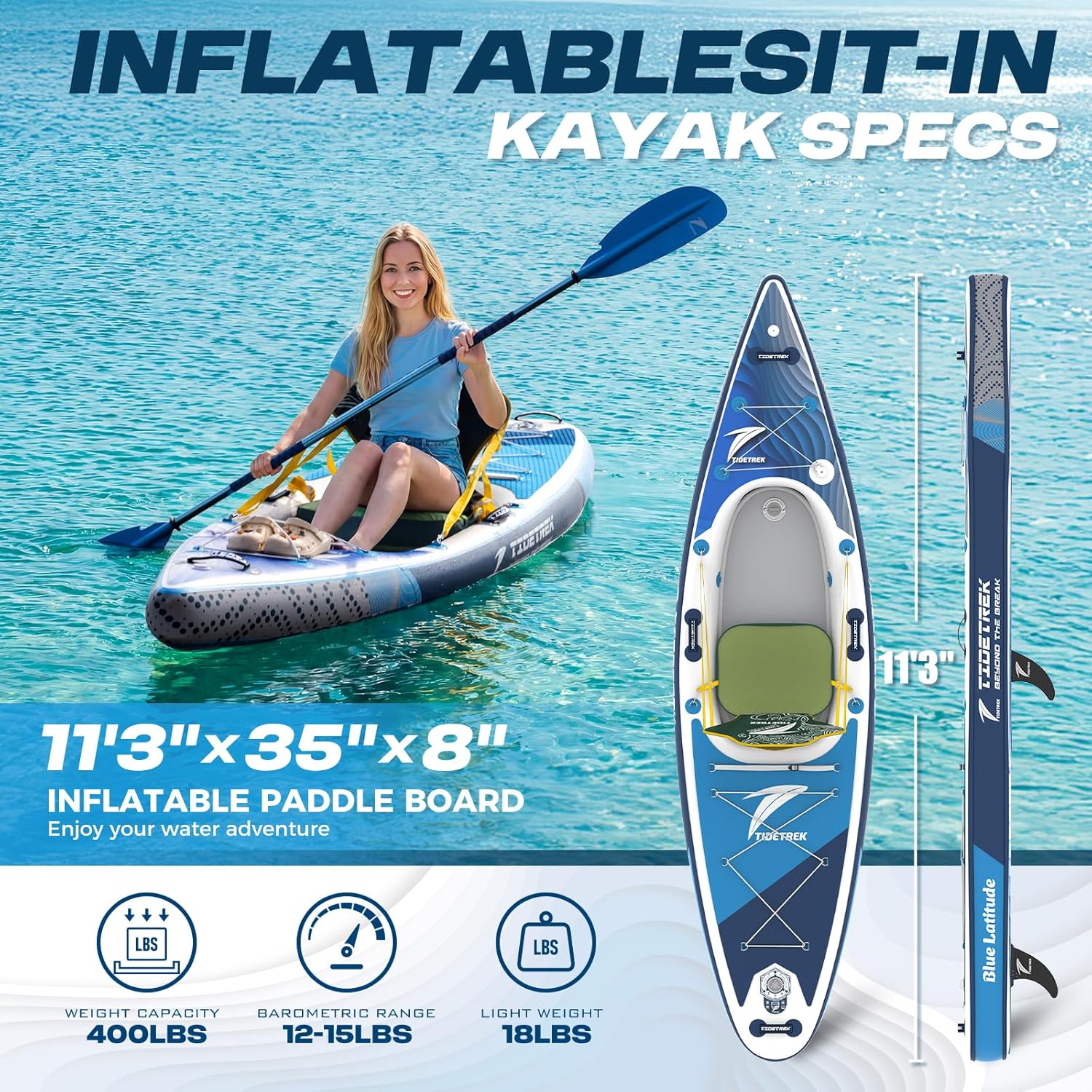 Inflatable Touring Kayak with Waterproof Seat & Premium Accessories, 11'3" x 35" x 8" Ultra-Stable SUP Kayak Hybrid, Non-Slip Comfort Deck for Adults & Youth