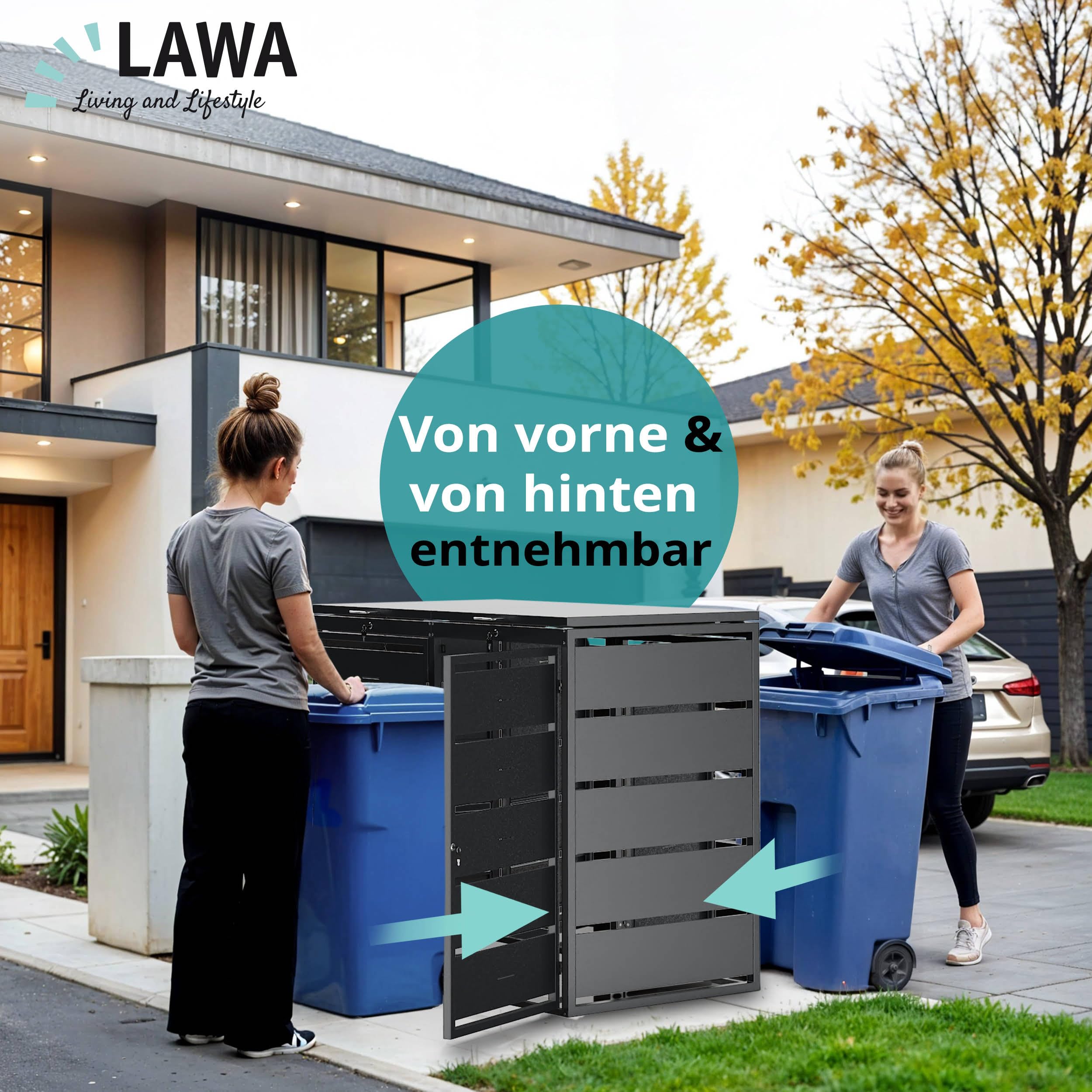 Mülltonnenbox 2X 240L Mülltonnen verzinkter pulverbeschichteter Stahl 4 Türen & 2 Deckel abschließbar mit Gasdruckfedern & Geräuschdämpfer Lüftungsschlitze Anthrazit RAL 7016