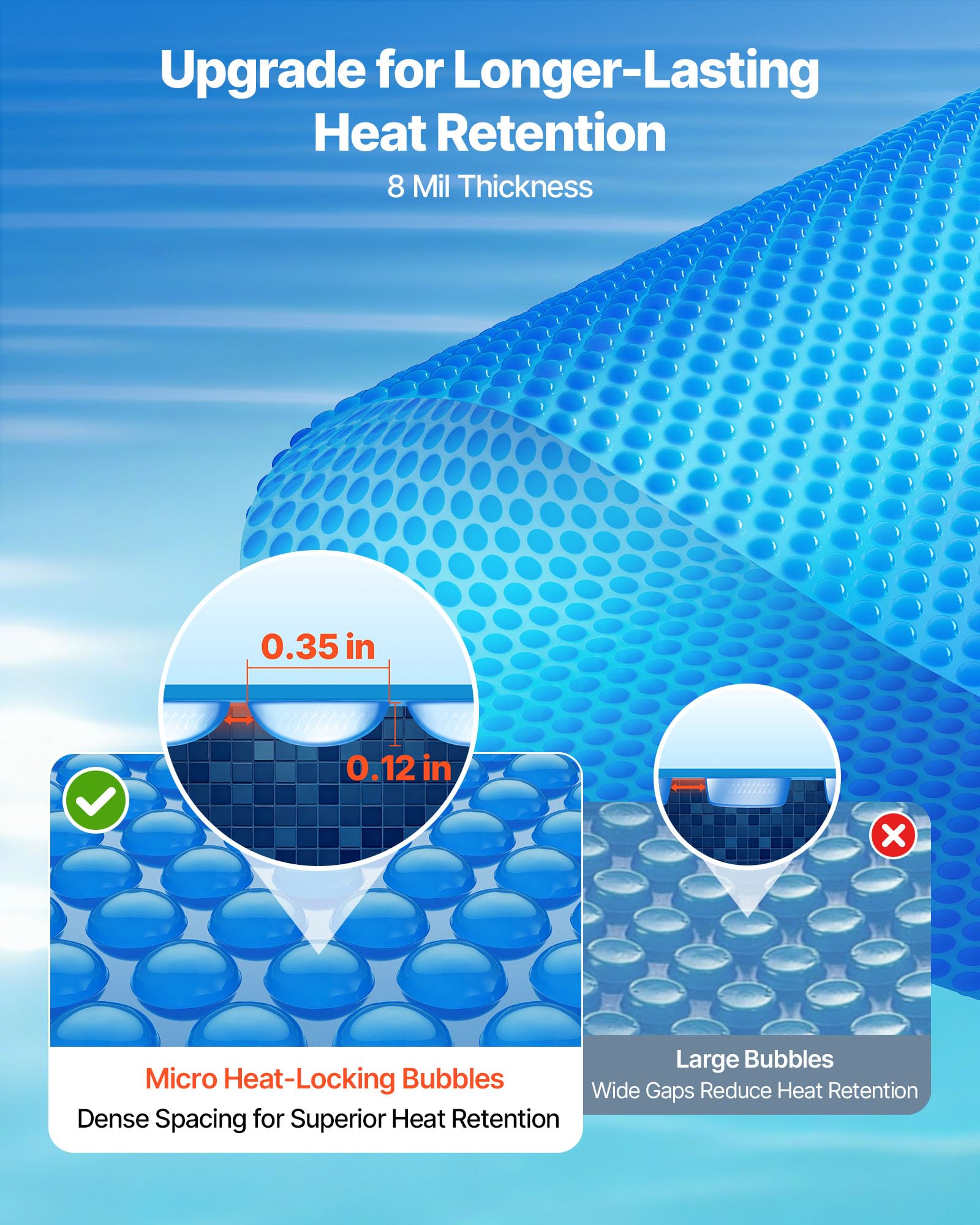 VEVOR Bâche Solaire Piscine Rectangulaire 11x5,5 m Couverture Solaire Piscine 0,2 mm Bâche à Bulles Polyéthylène pour Piscines Hors Sol Creusées, Absorption Chaleur Jour Rétention Chaleur Nuit, Bleu