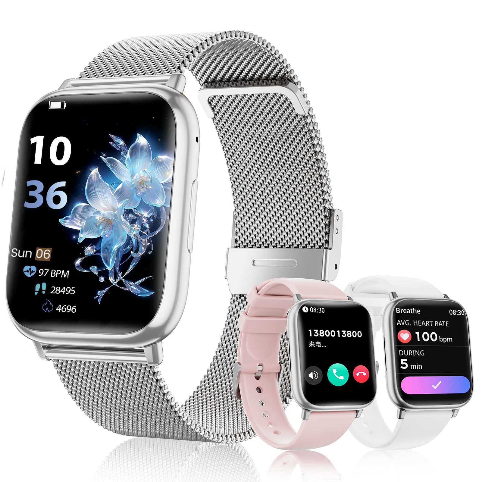 SLOKSFil Smartwatch Donna con Chiamate Bluetooth, 1.83" Fitness Orologio Smartwatch 3 Cinturini Frequenza Cardiaca SpO2 Pressione Sanguigna IP68 Impermeabile Sonno 120+ Modalità Sportive (Argento)