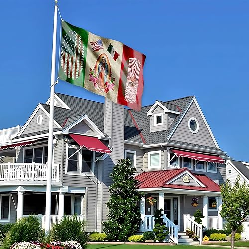 Miniatura 2 de Bandera mexicana de 3 x 5 pies, bandera estadounidense para exteriores con bandera de la Virgen María, colores vivos, bandera patriótica de la