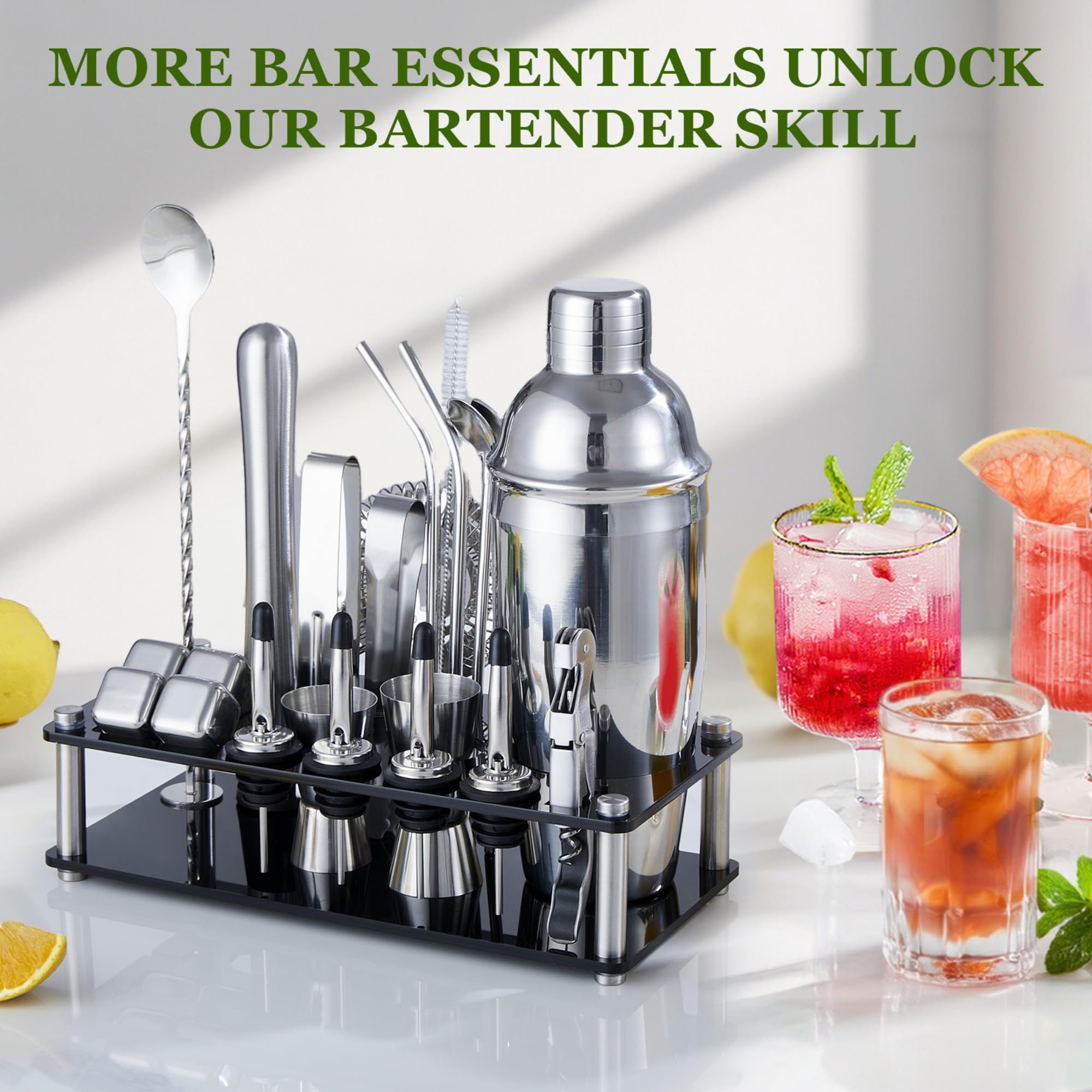 Ensemble Shaker à Cocktail, 23 pièces en Acier Inoxydable avec Support en Acrylique et livret de Recettes de Cocktails, Outils de Bar Professionnels pour mélanger Les Boissons, Maison, Bar, fête