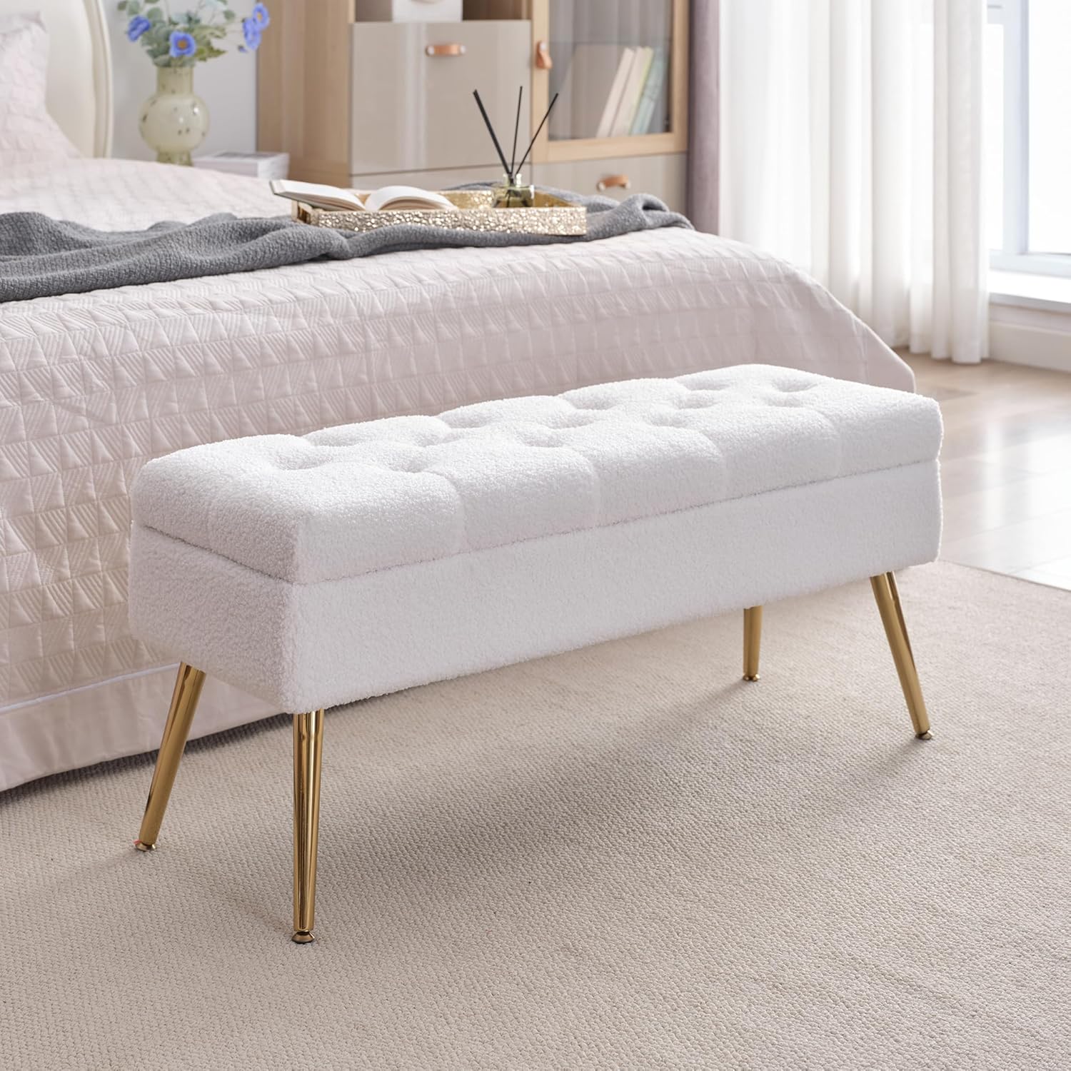 SNOWDROP Upholstered Storage Bench – 40" Modern Teddy Fleece Ottoman for Entryway or Bedroom, End of Bed Bench with Golden Metal Legs, Teddy White Accent Seating Furniture