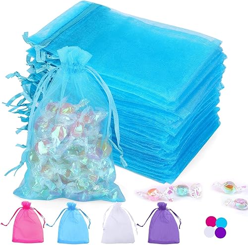 100 bolsas de organza azul transparente con cordón para regalo, para joyas, fiestas, bodas, fiestas, festivales, bolsas de dulces (4 x 6)