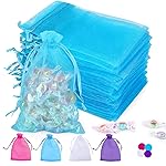 Angooni 100PCS Blue Sheer Organza Bags Gift Drawstring Pouch for Jewelry Party Wedding Favor Party Festival Candy Bags (4x6)