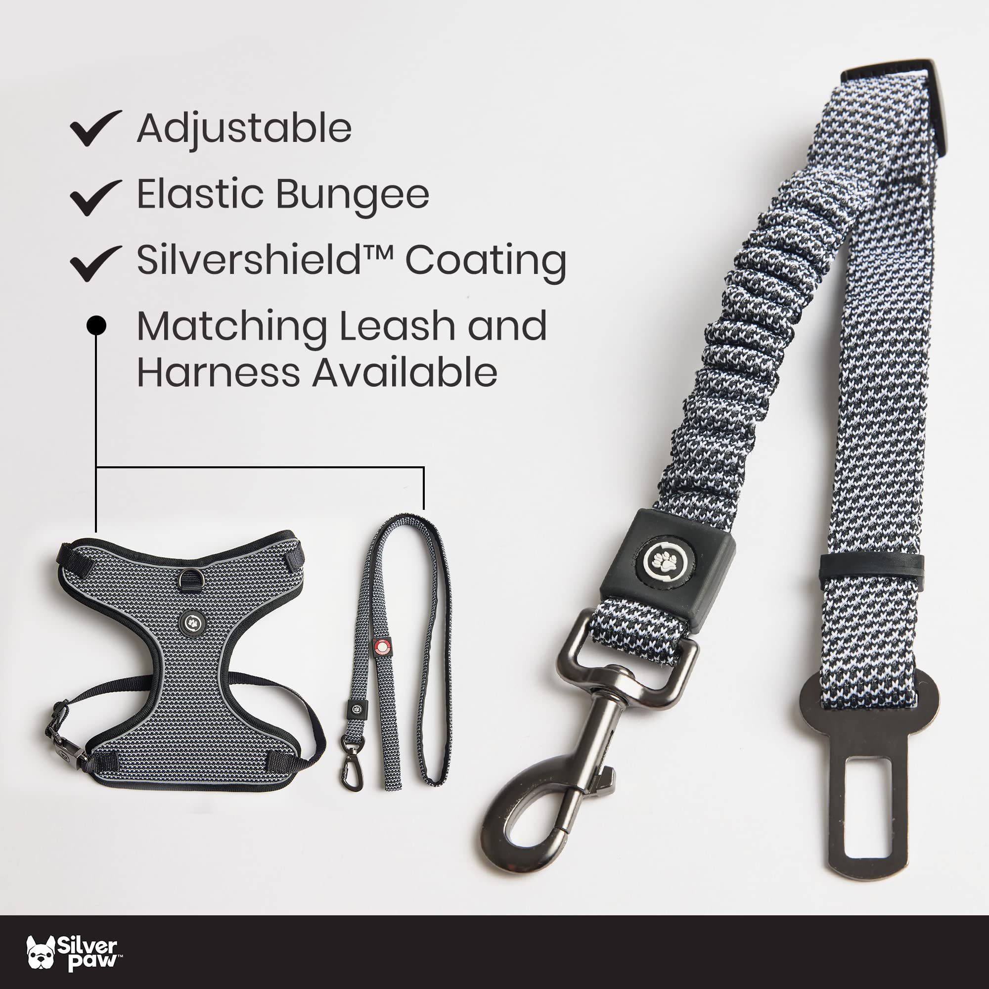 Silver Paw Adjustable Dog Car Seat Belt with Bungee Buffer | Car Travel Accessories for Small, Medium, and Large Dogs - Black