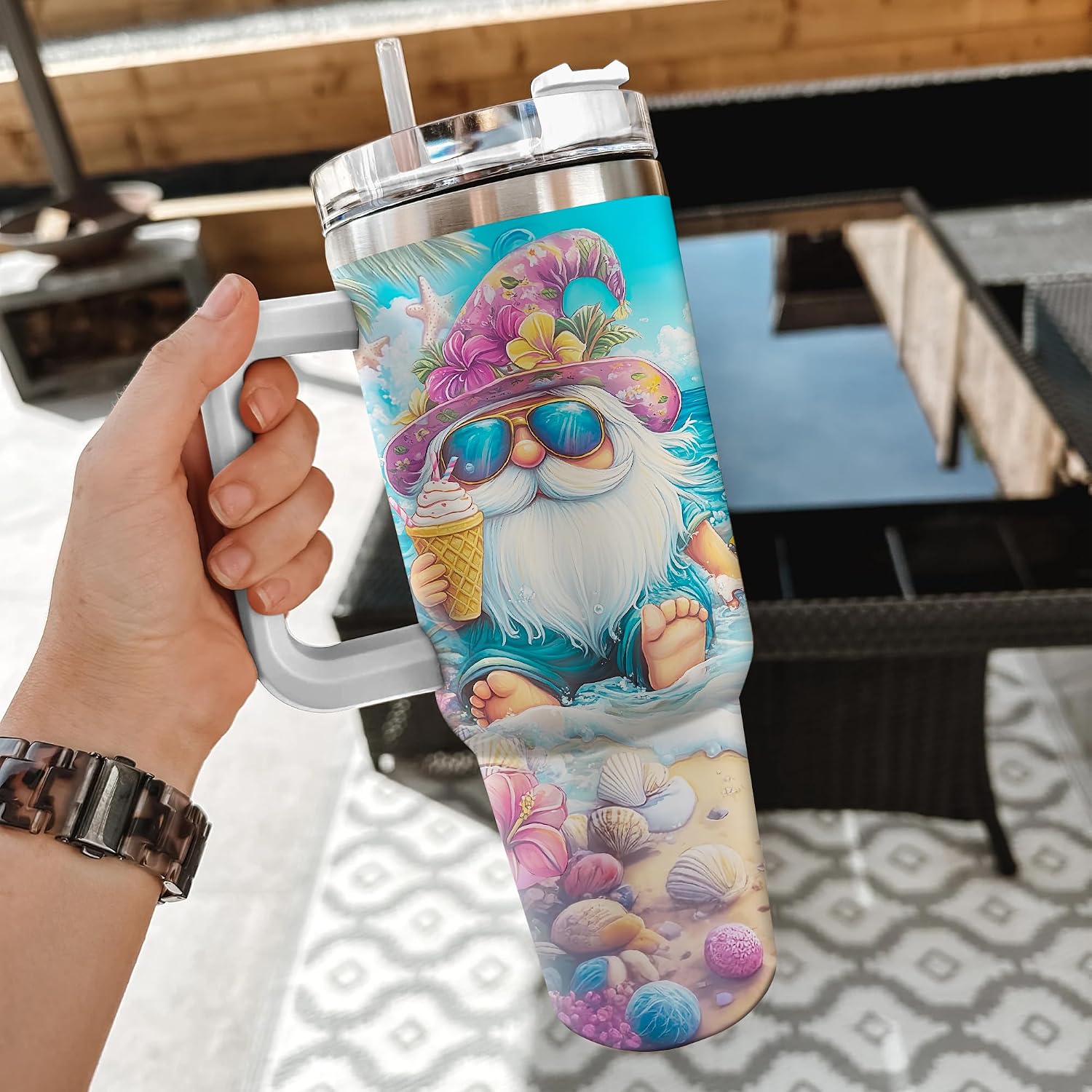 Hyturtle Personalized Summer Gnome Tumbler - Gnome Gift For Women - Gift For Gnome Lover - Mothers Day Gnome Gifts - Gnome Gifts For Birthday - Custom Name Travel Coffee Cup 40oz With Lid and Straw