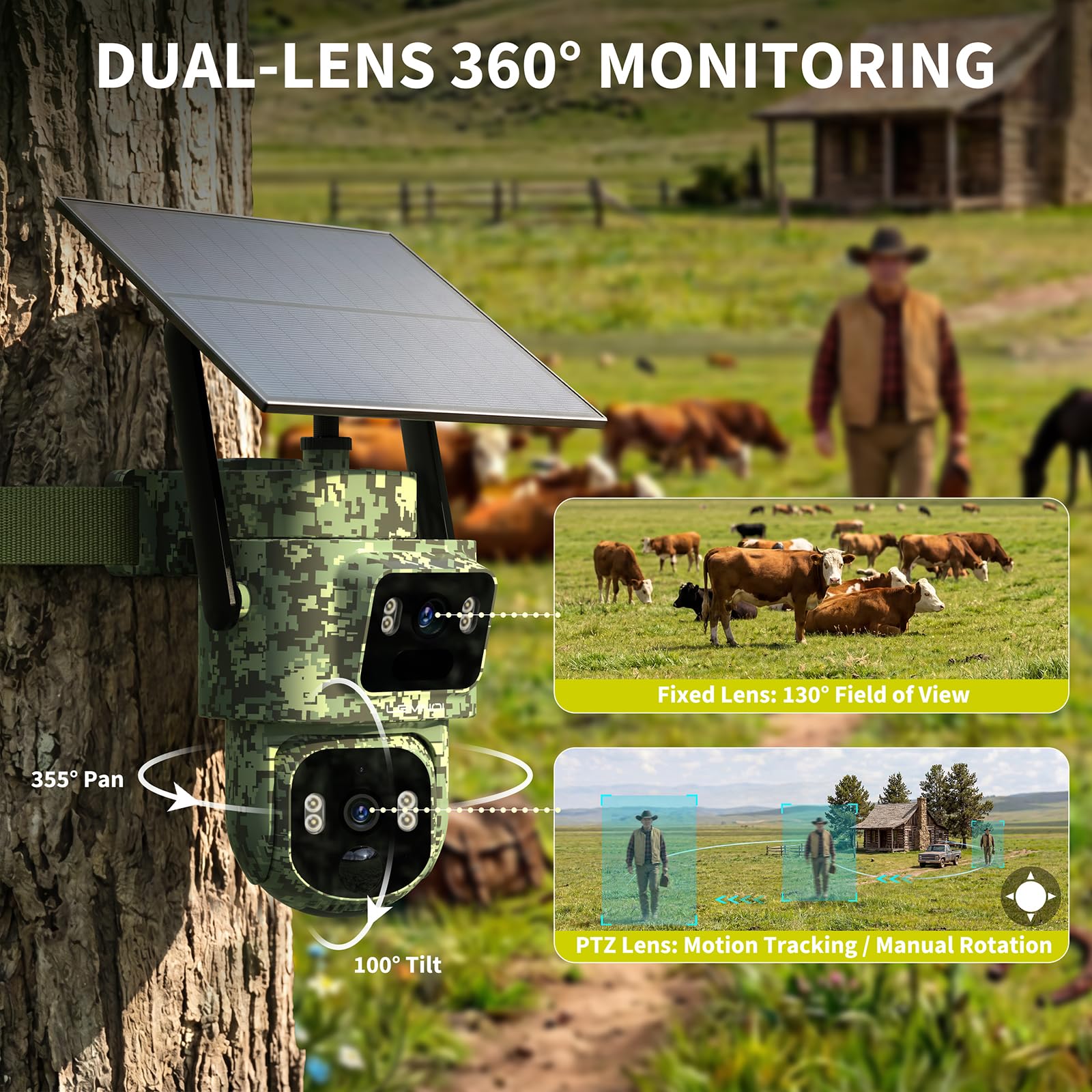 LEMNOI 4G Cámara de Vigilancia Exterior Solar con Dos Lentes, SIM Preinstalado Sin WiFi, 360° PTZ con Seguimiento Humano, Detección de Movimiento, 2K Visión Nocturna, Audio Bidireccional, IP66
