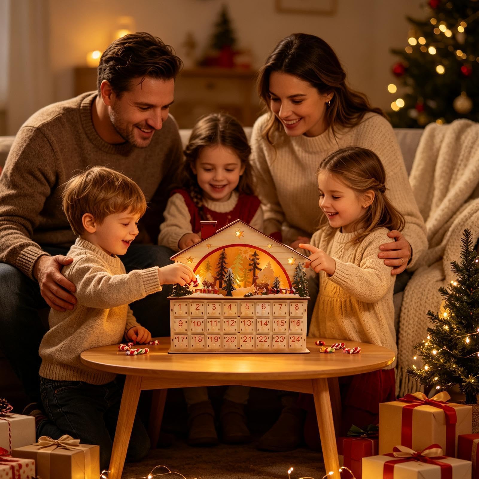 Cuenta Atrás Navidad Armario de Mesa con Forma de Casa de Madera para 24 | Calendario De Cuenta Atrás Navideño Con Cajones Para Hogar Salón Escritorio Estantería Apartamento Y Celebraciones