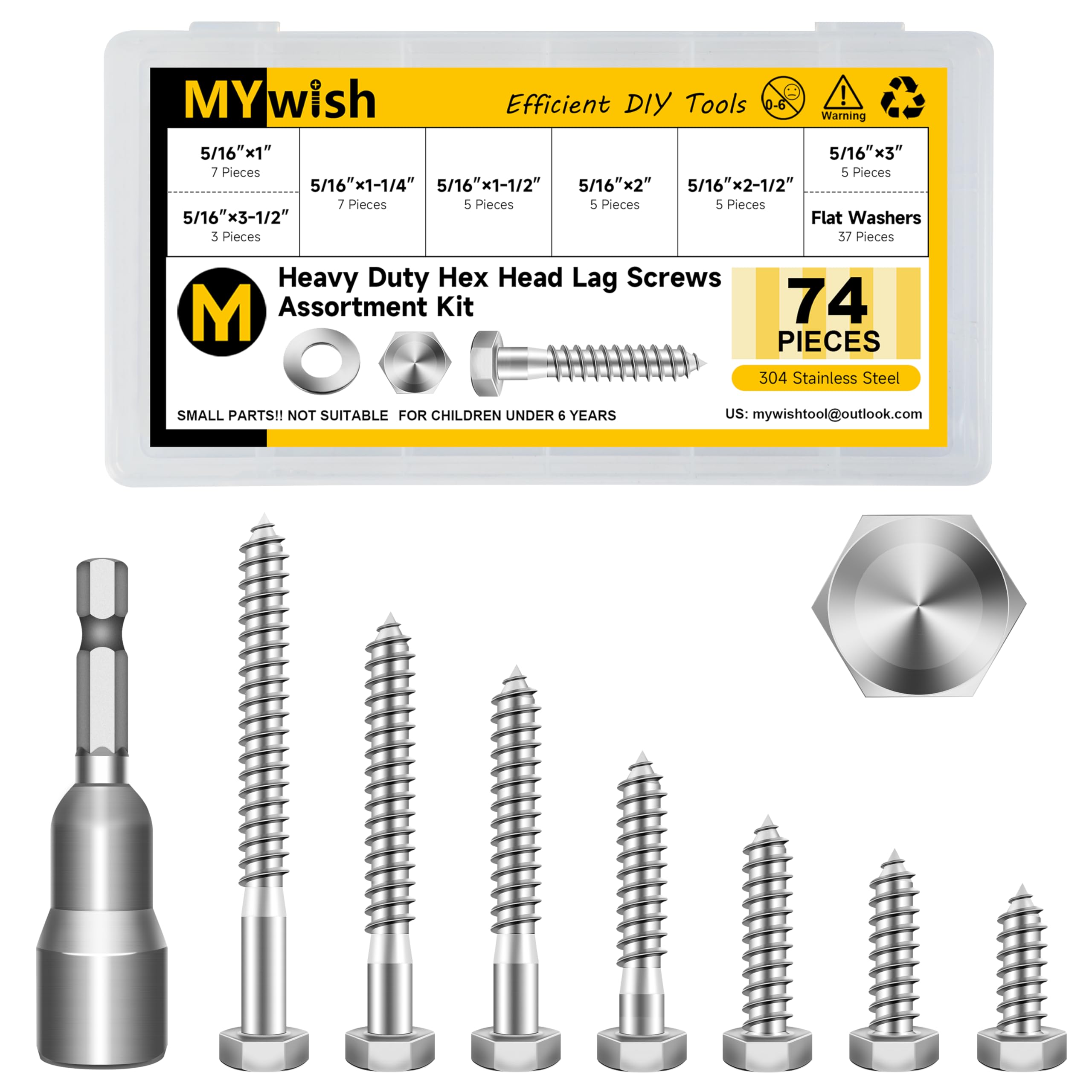 Stainless Steel Lag Screws - 12 Sets 5/16" Hex Head -14 Stainless Steel Lag Screws - 12 Sets 5/16" Hex Head -14
