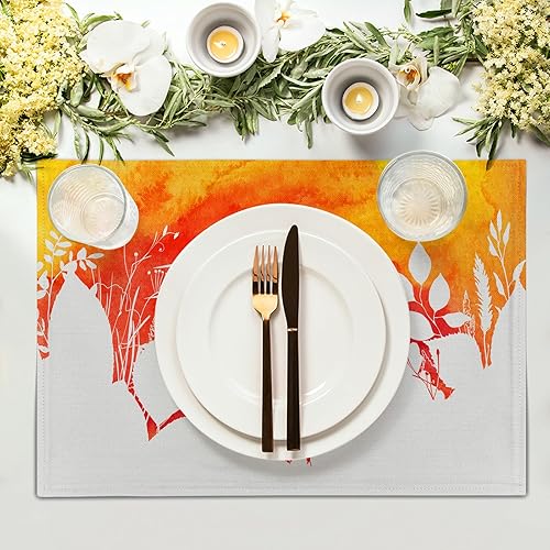 Miniatura 3 de Juego de 4 manteles individuales de otoño, manteles individuales abstractos con hojas de otoño amarillas y naranjas, plantas botánicas para el