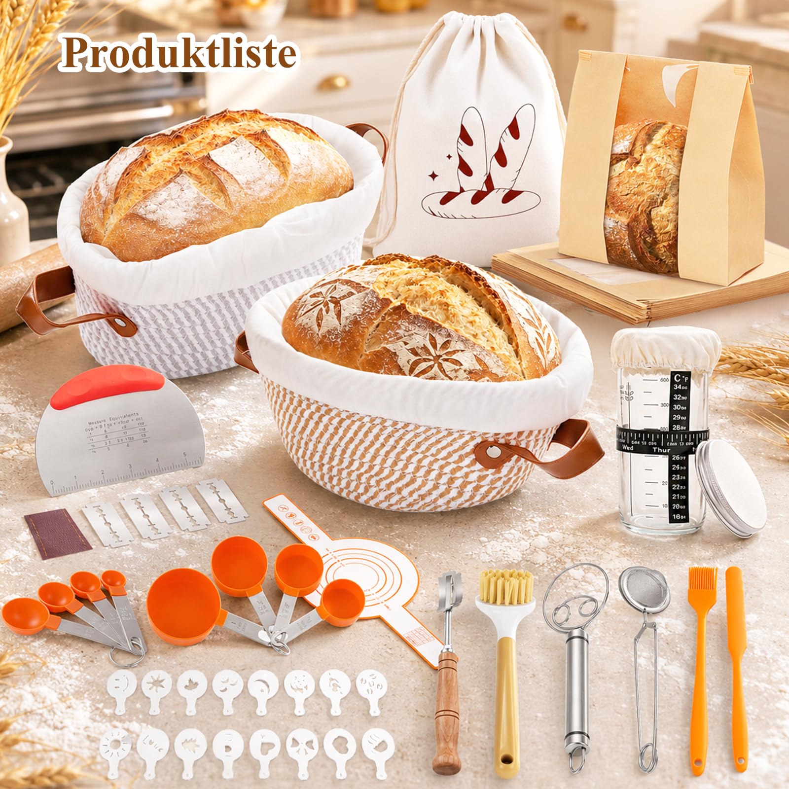 Juego de cesta de fermentación para levadura, 2 cestas de fermentación (ovalada de 25 cm y 23 cm redonda), juego de pan con vaso de masa madre, 16 diseños de impresión, 10 bolsas grandes de cortadores