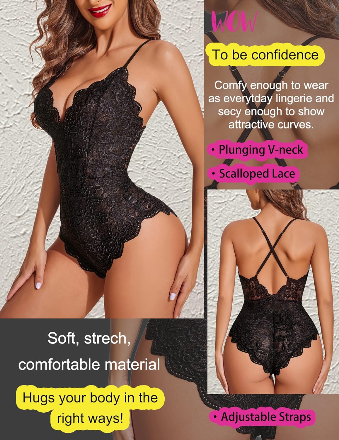 Avidlove Sexy Lingerie for Women Deep V Teddy Sheer Lace Bodysuit Snap Crotch One Piece Babydoll - Image 6