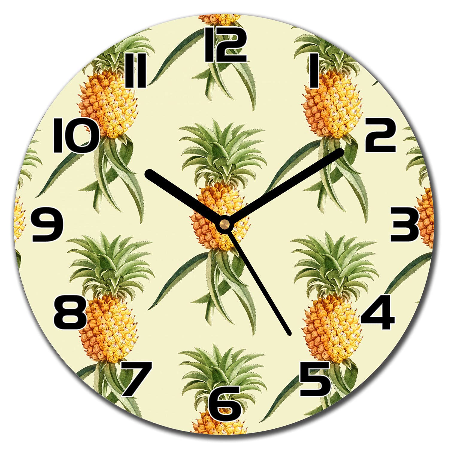 Horloge en verre 30 cm Coloray avec motif vintage ananas et palmiers pour salon