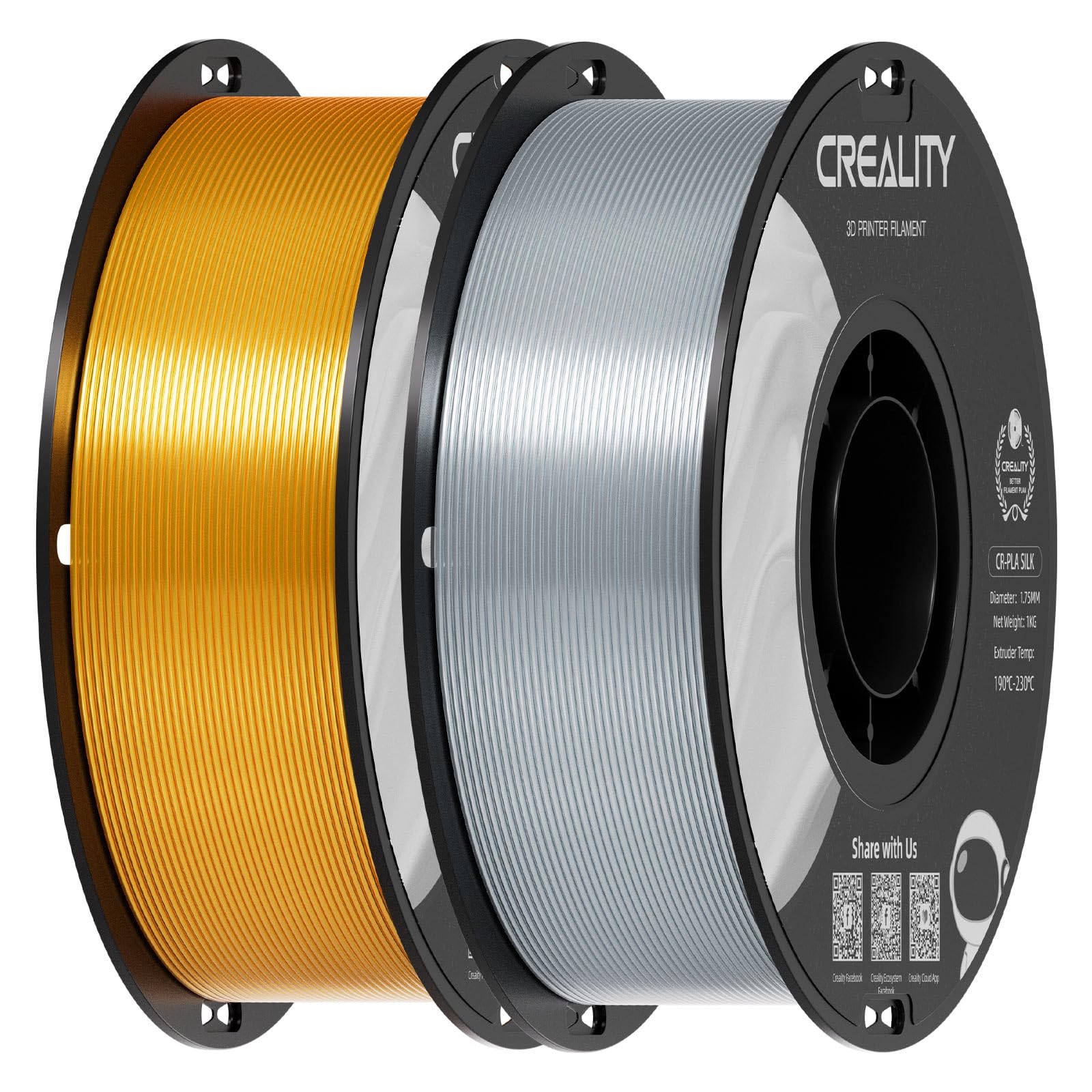 Creality Silk PLA 3D Printer Filament 1.75mm, 2kg, Gold &amp; Silver