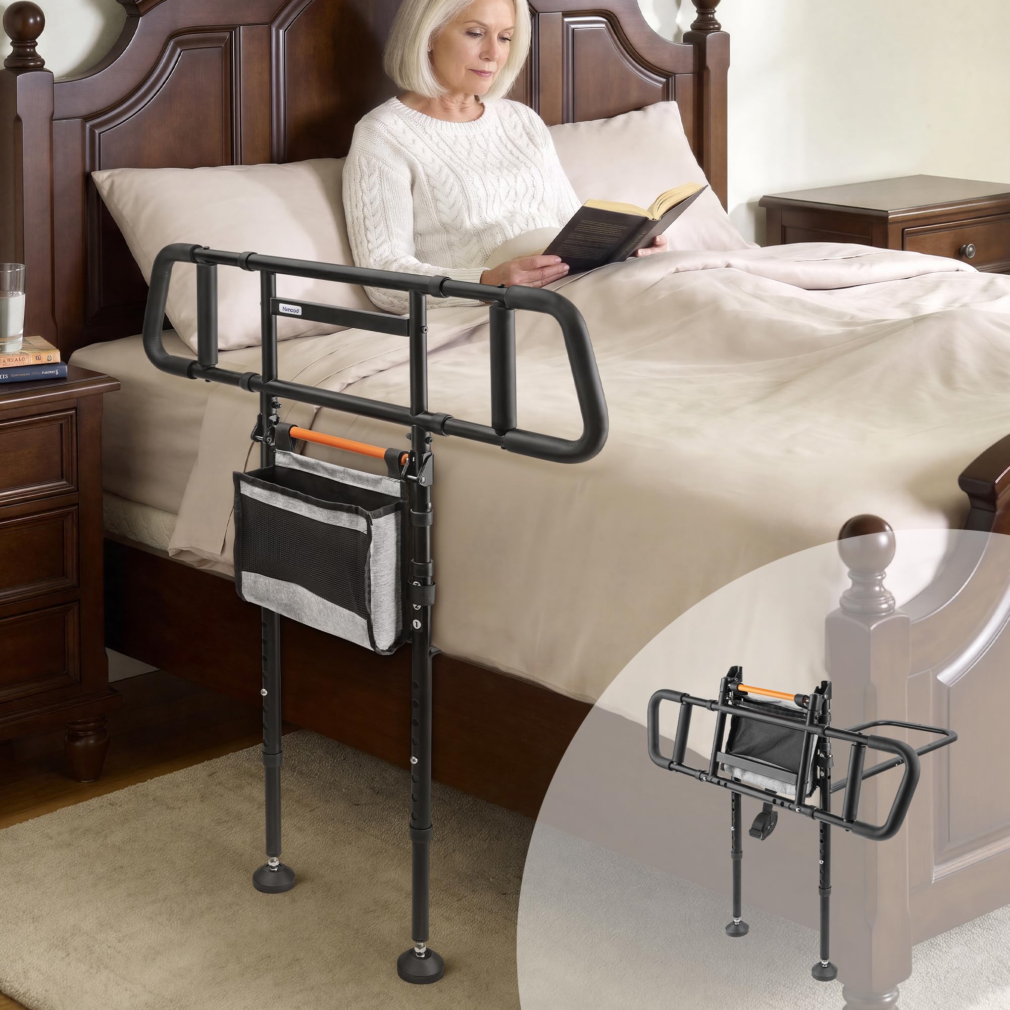 Barandilla de cama para seguridad en el hogar – Riel de cama plegable para personas mayores con luz activada por movimiento y bolsa de almacenamiento, patas de extensión, bastón de cama de