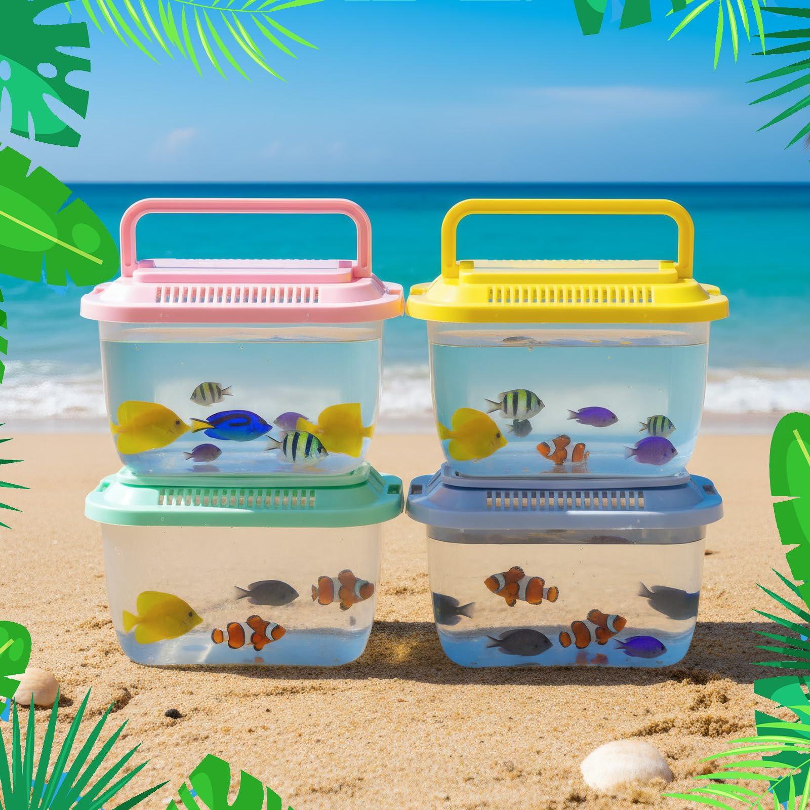 Set da 12 ciotole per pesci e reti da pesca, 12 set di piccole ciotole in plastica trasparente con coperchi ventilati e reti da pesca, bomboniere per feste estive all'aperto, regali per