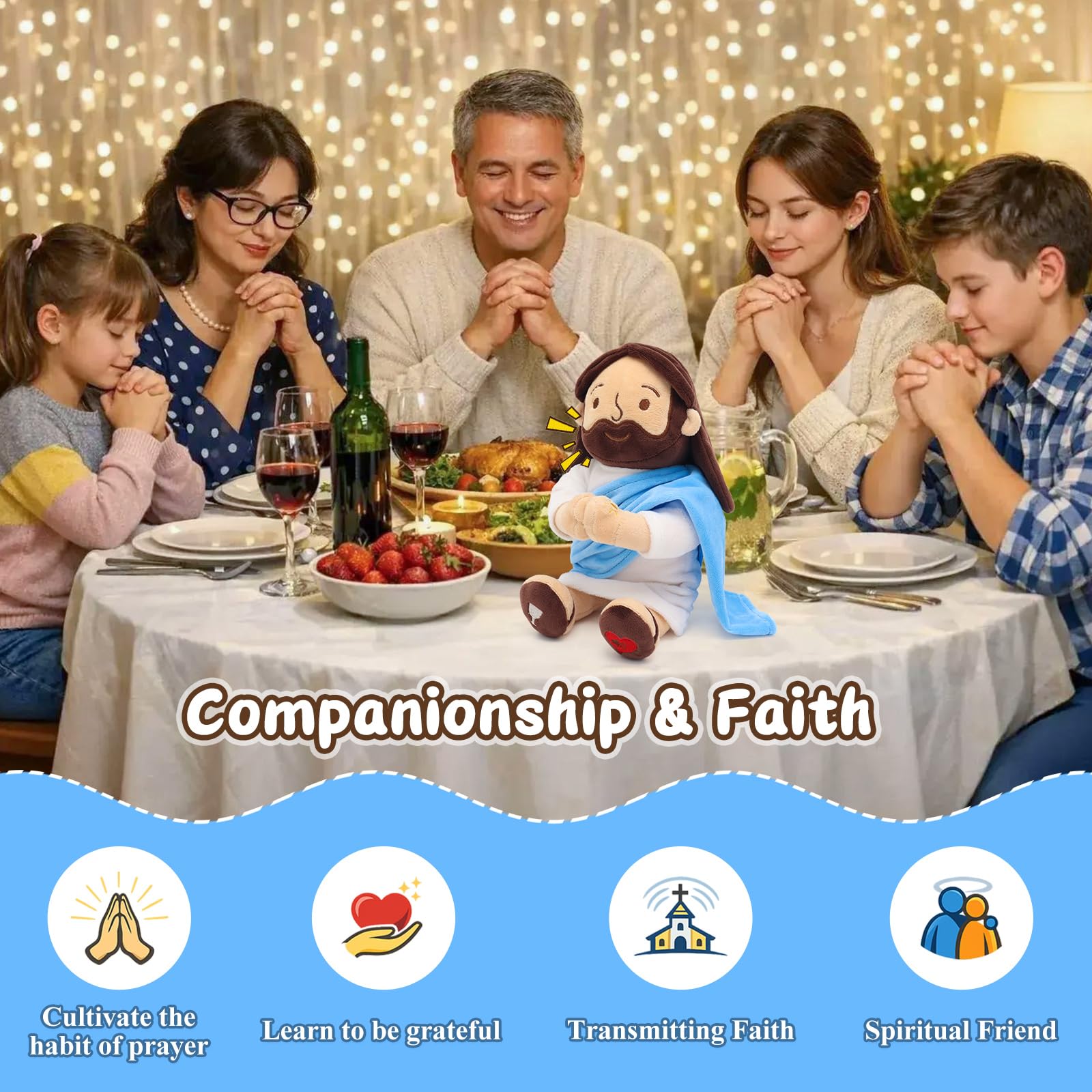 Yelakey 33 cm betender Jesus, Plüsch für Kinder, sprechende Jesus-Puppe für Kirche, Ostergeschenk, Jesus-Plüschpuppe für Sonntagsschule, religiöse und Taufgeschenke, spricht 12 Gebete und 3 Lieder