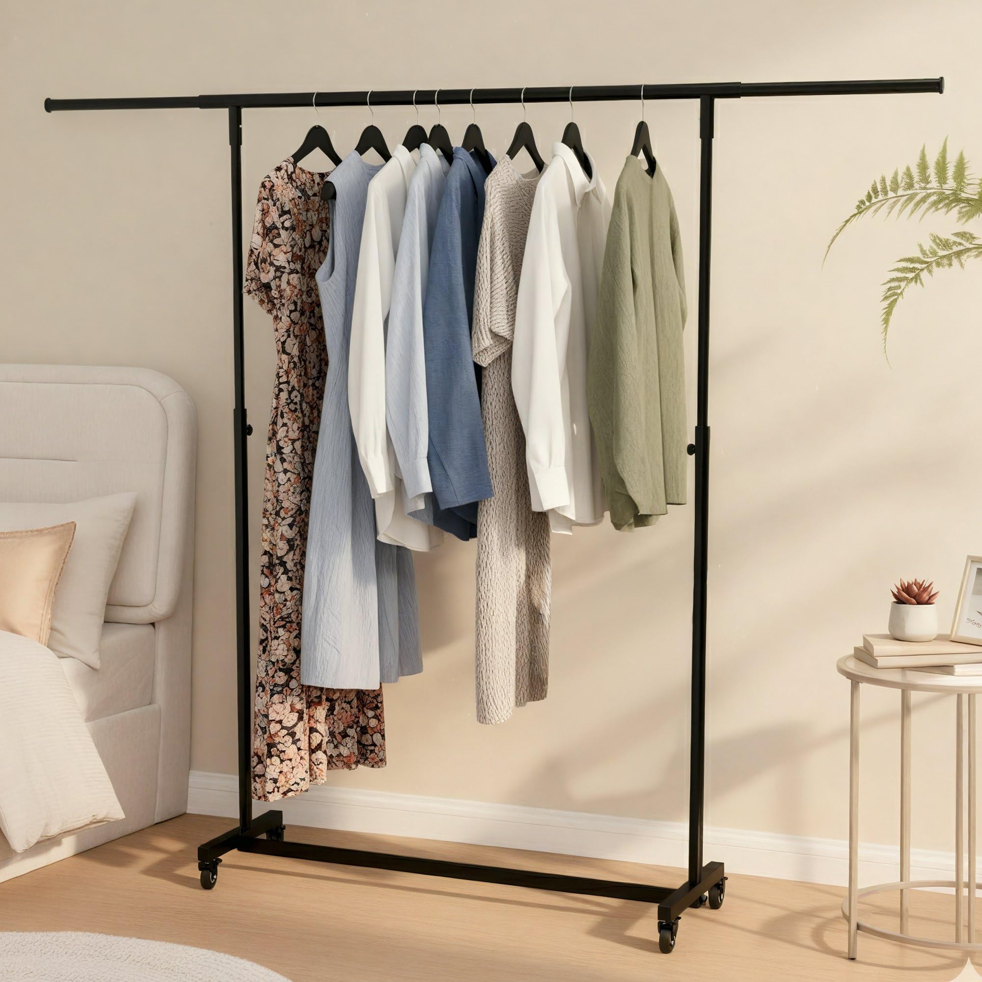 CLP Perchero con Ruedas Muy Estable Soran, Barra Ajustable en Altura y Extensible, Perchero de Metal Negro Tamaño 150x50x188 cm