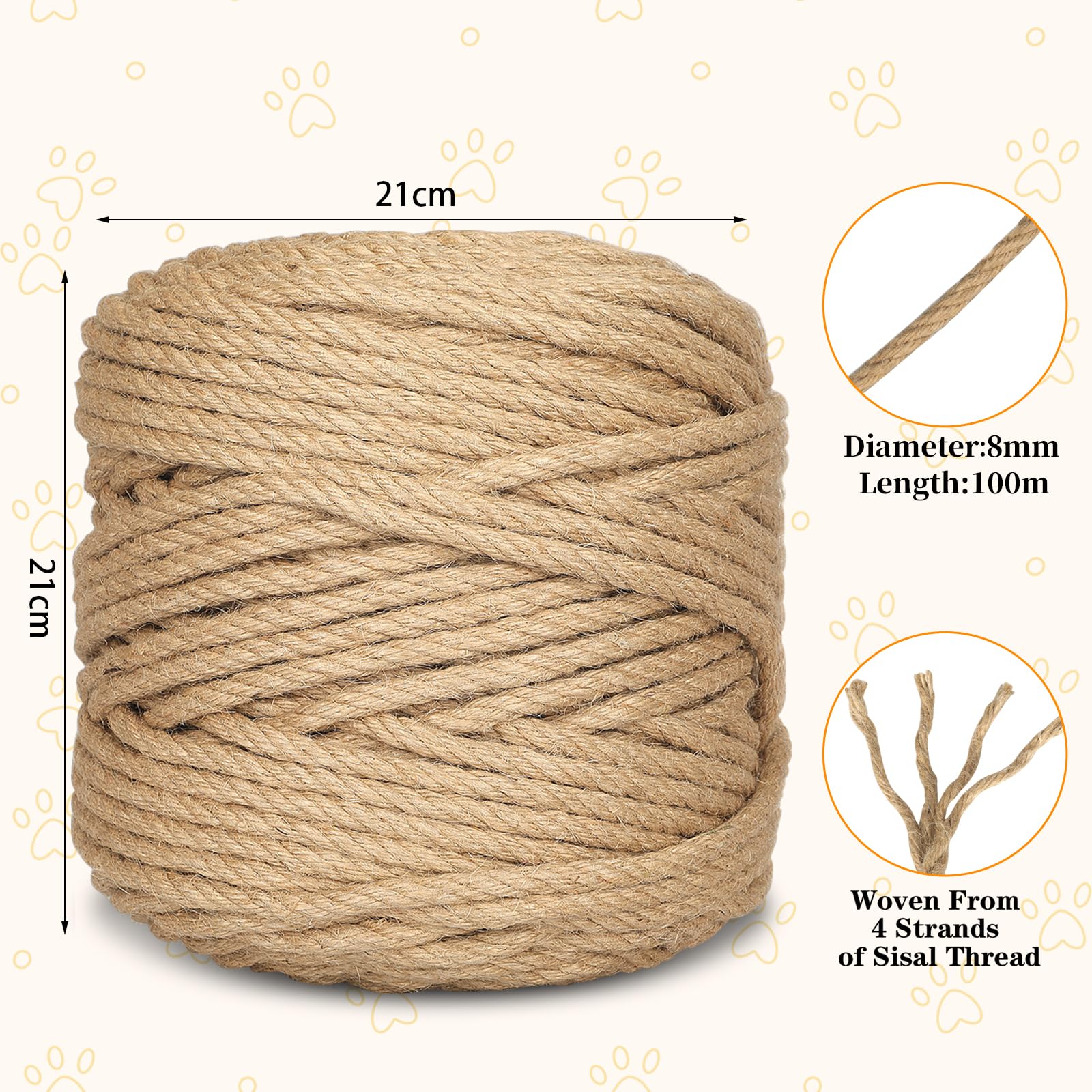 Corda Sisal per Tiragraffi per Gatti 8mm x 100m, Corda Juta Naturale per DIY Tiragraffi per Albero di Gatto, Filo per Graffiatoio, Ideale per Casa, Giardino, Decorazioni