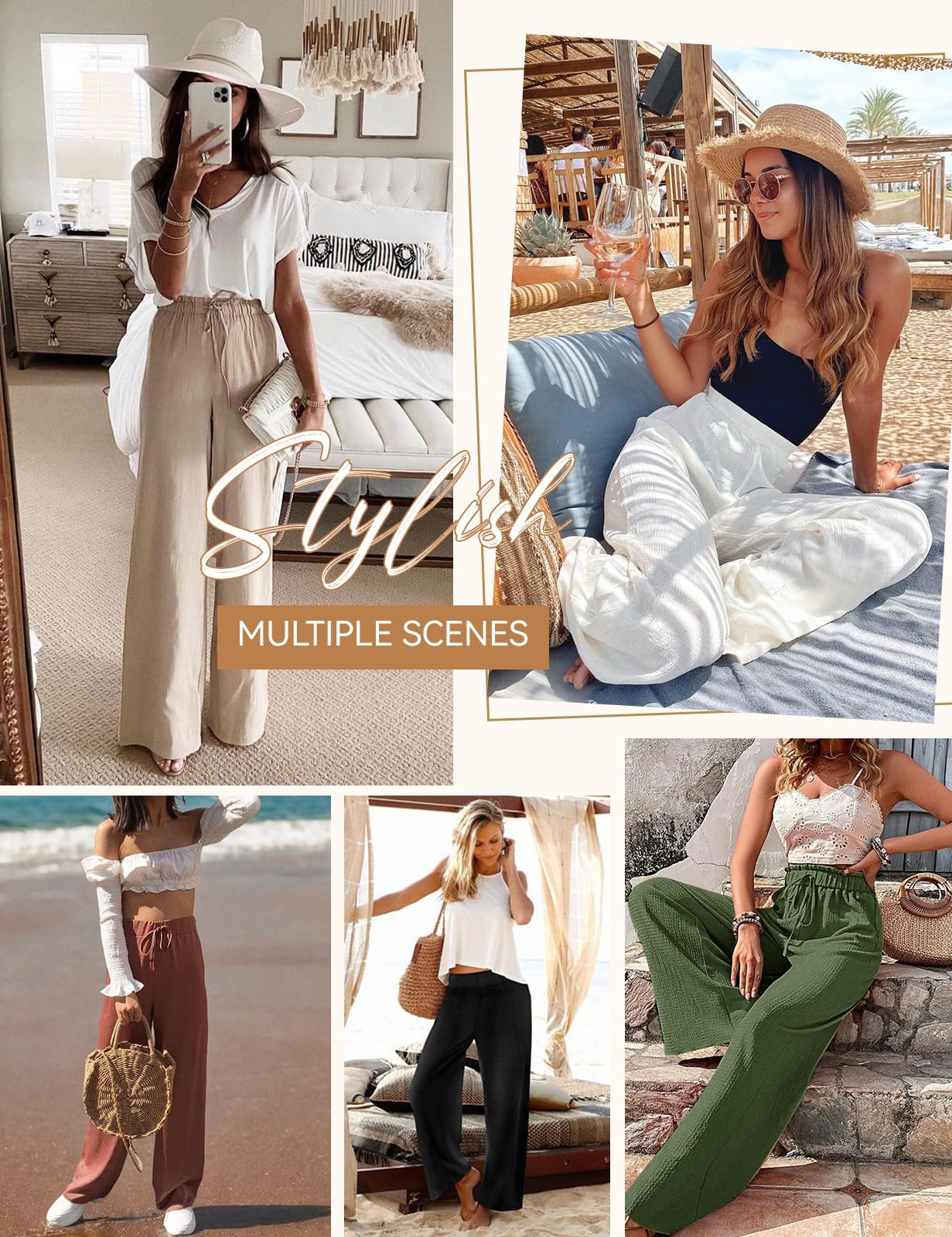 UMIPUBO Pantalon Lin Femme Été Coton Fluide Large Elegant Décontracté Pantalon Taille Haute Élastique avec Cordon Léger Jogging Pants de Plage avec Poches