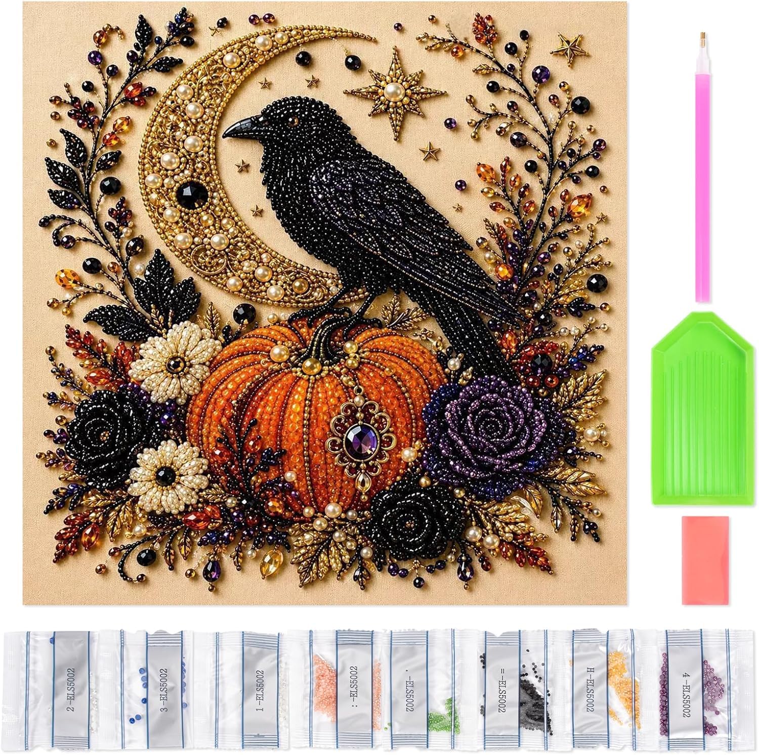 Halloween Pearl Art Kits for Adults, Crow Pumpkin Diamond Art DIY Craft