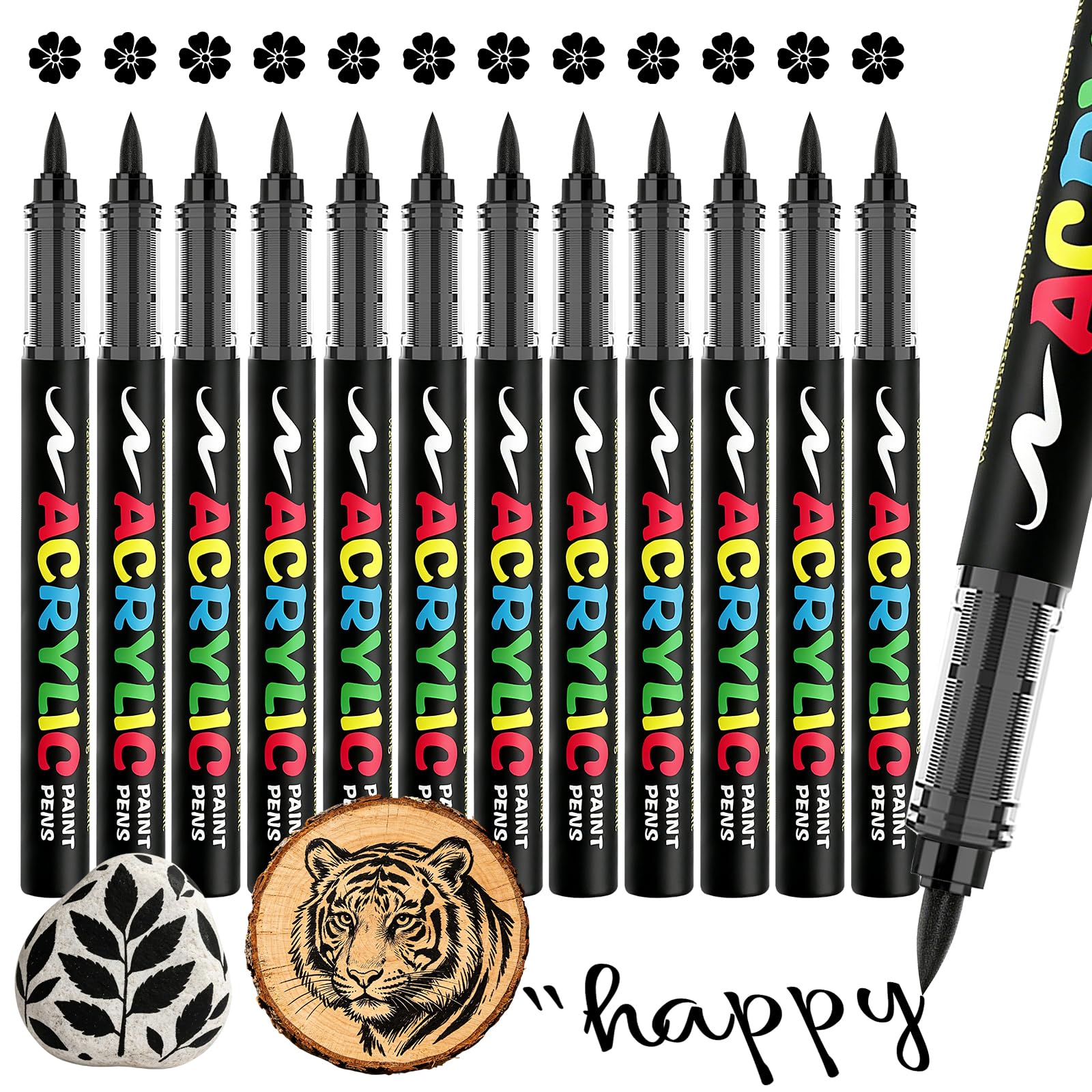 Funnasting 12PCS Direct Liquid Acrylic Paint Pens, 0.5-5mm Flexible Brush Tip Waterproof Acrylic Marker Pen for Rock, Wood, Metal, Plastic, Pebbles, Glass, Ceramic