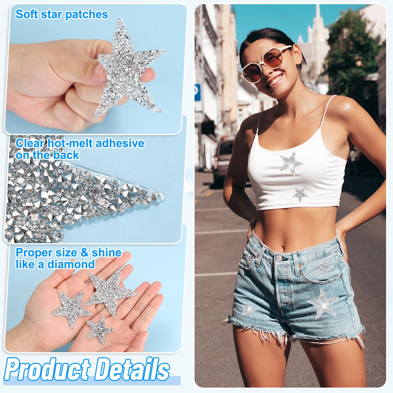 80 parches de estrella para planchar, 3 tamaños, parches adhesivos de diamantes de imitación plateados, parches brillantes en forma de estrella con 3 kits de costura, agujas de hilo para ropa, jeans,