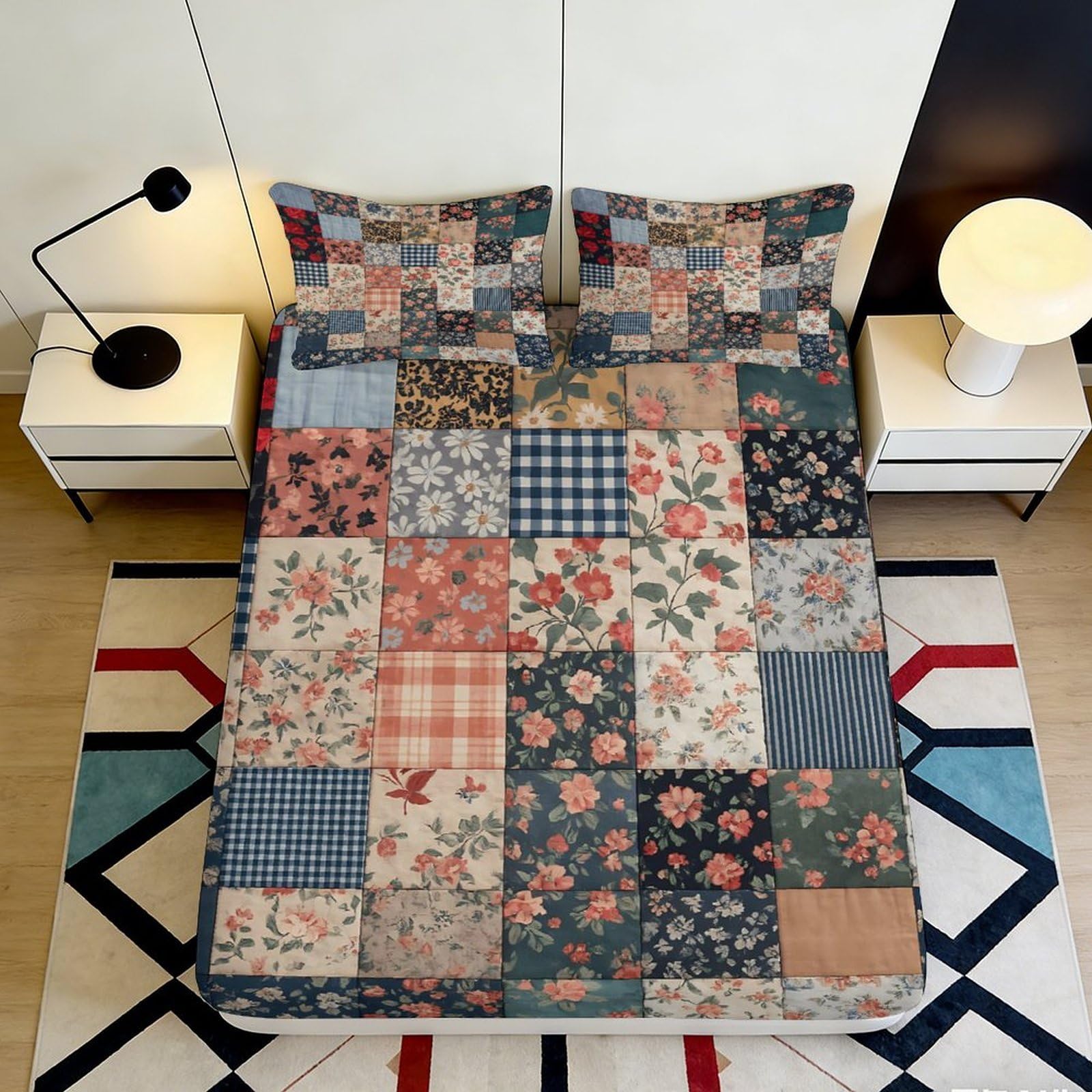 3D Printed Vintage Patchwork Fitted Sheet Microfiber Soft Floral Quilt Mattress Cover Bedroom Dorm Protector Decor 140x200x25cm