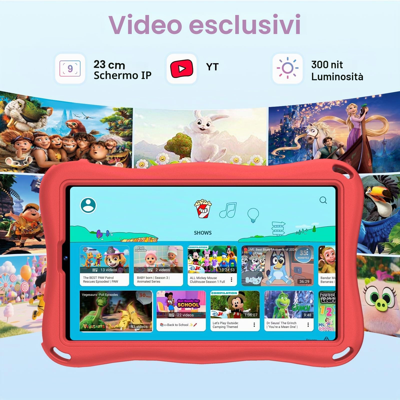 S11 Tablet per bambini 9 pollici Android 15 con 12 GB di RAM + TF 1 TB, 5G WiFi, Widevine L1, Octa-Core, 5000 mAh, controllo genitoriale, 1340 x 800, BT 5.0, per bambini con custodia Eva -Red