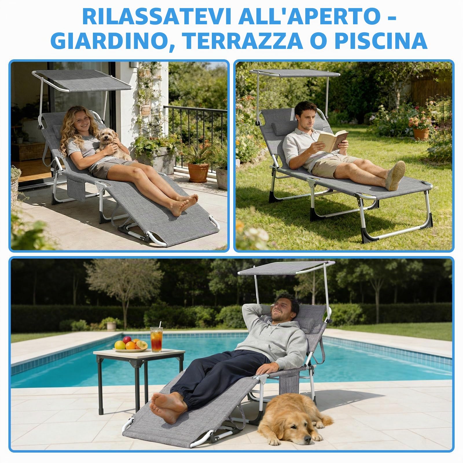 Huracan Lettino prendisole pieghevole con tettuccio parasole, resistente alle intemperie, con schienale regolabile in 4 posizioni, sedia a sdraio con cuscino, portata fino a 150 kg, Grigio