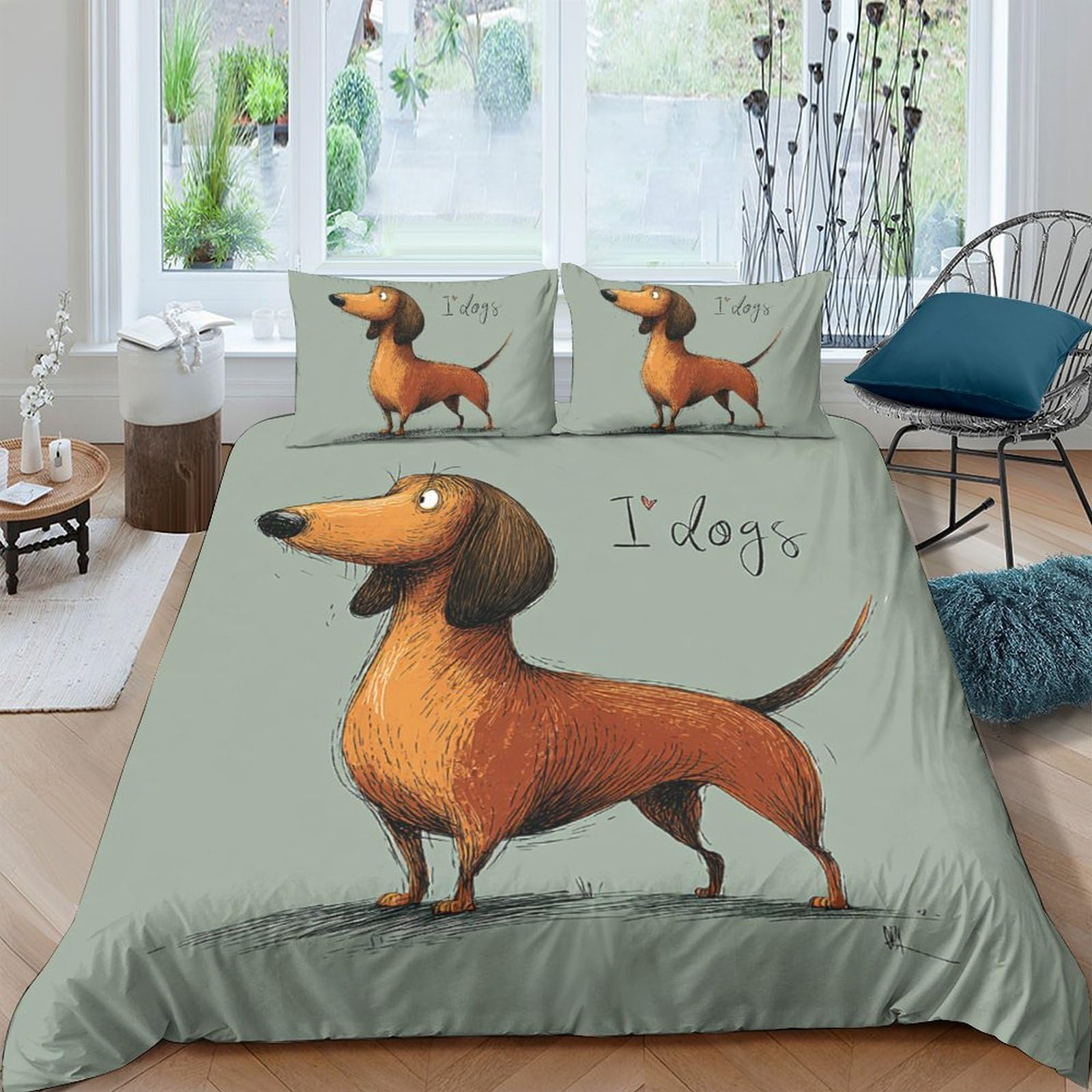 TUFRTGYHN 3D Printed Cartoon Dachshund Dog Duvet Cover Microfiber Soft Breathable Animal Bedding Set with 2 Pillowcases for Bedroom Decor Single（135x200cm）