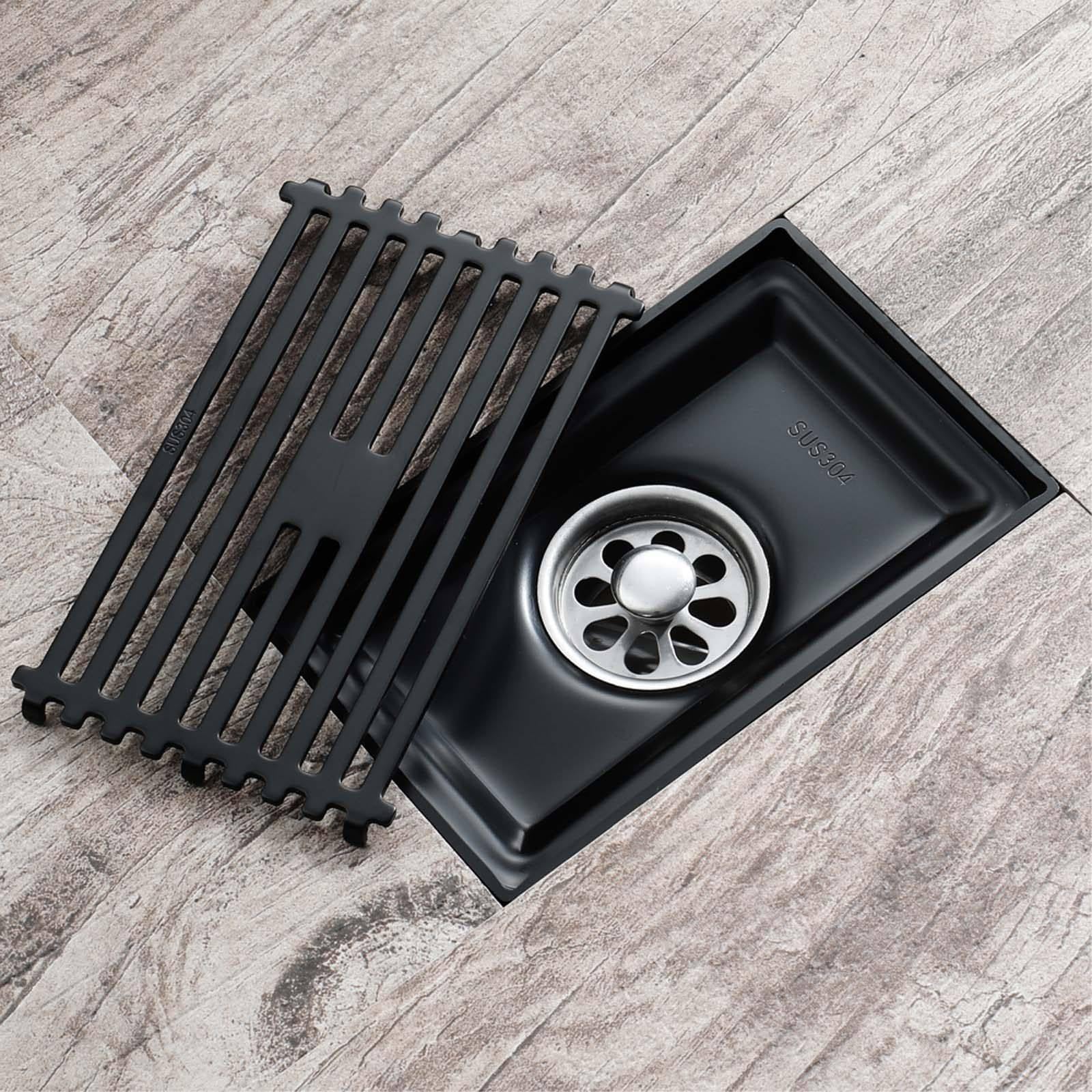 Bonde Douche Acier Inoxydable Siphon Douche Rectangle Bonde de Douche Amovible Bonde Douche Extra Plate Noir Siphon de Sol 145 * 90mm Convient pour Balcon, Salle de Bain, Cuisine