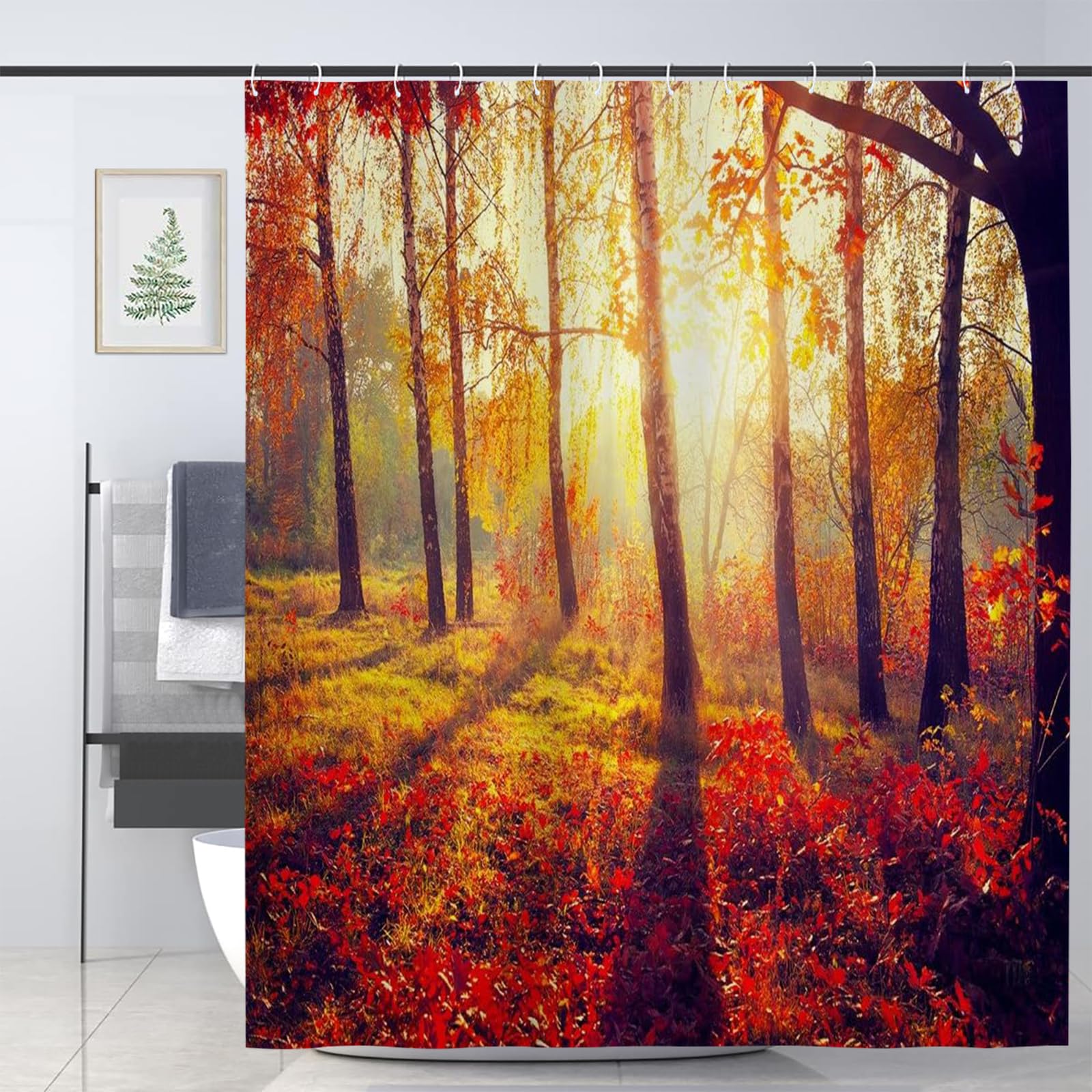 JOOCAR Fall Shower Curtain Autumn Natural Scenery Sunshine Forest Trees Gold Red Brown Bath Curtain 3D Waterproof Shower Curtains for Bathroom Decor 72x72 Inch