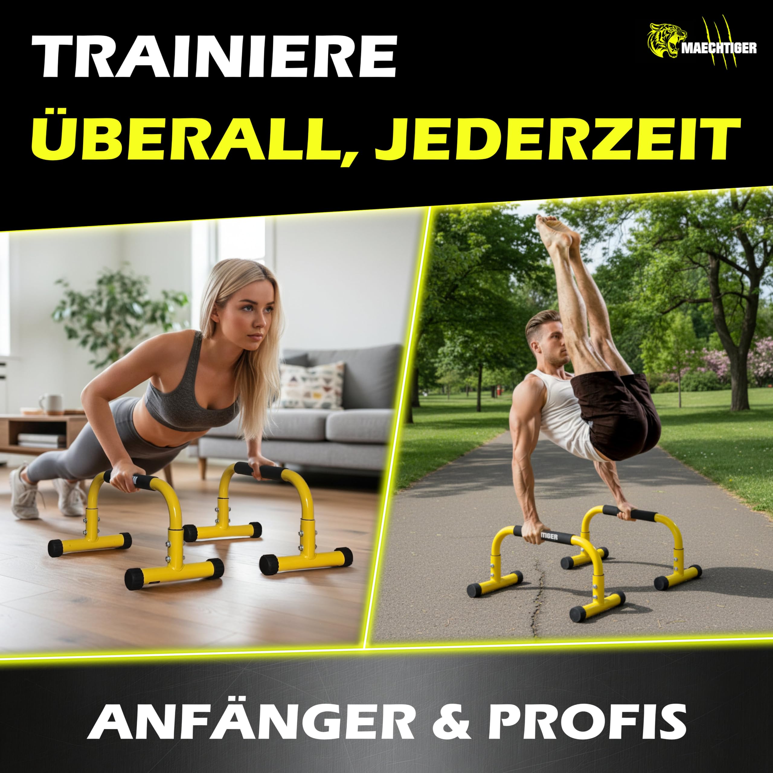 Premium Parallettes - extralange Liegestützgriffe/Push Up Bars aus Stahl - mit Ausgleichsystem für stabilen Stand - rutschfest & gelenkschonend - für Calisthenics, Fitness, Indoor & Outdoor