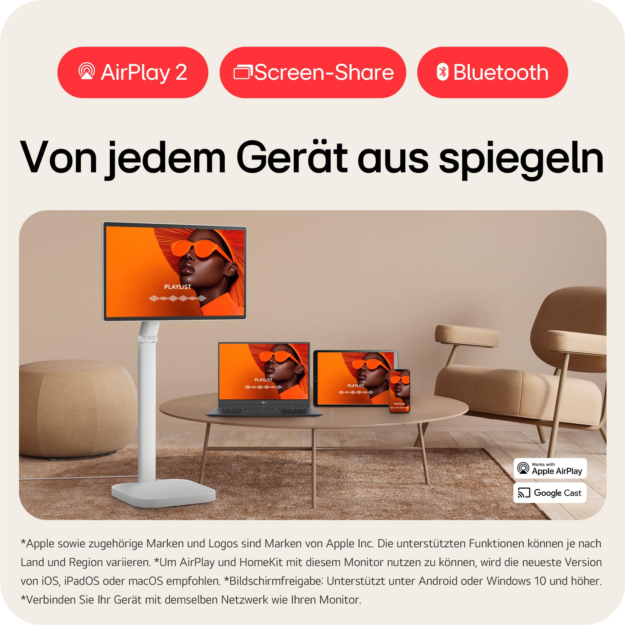 LG Smart Monitor Swing 32U889SA-W 32 Zoll 4K UHD IPS Touch Monitor, webOS 24, AirPlay, ThinQ, HDR10, 95% DCI-P3, rollbarer Standfuß, 1x USB-C (65W), 2X HDMI 2.0, Weiß