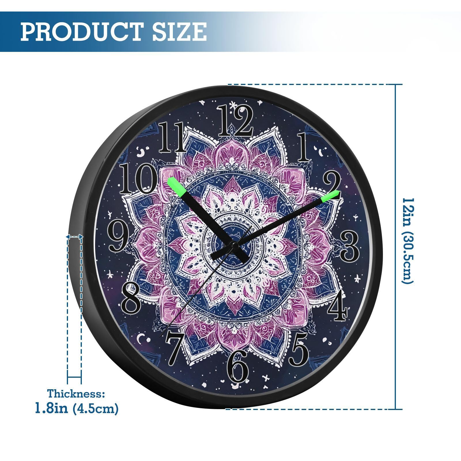 Mnsruu Reloj de pared luminoso con diseño de mandala, luna oscura, reloj de pared que brilla en la oscuridad, funciona con pilas, silencioso, sin tictac, luz nocturna para dormitorio