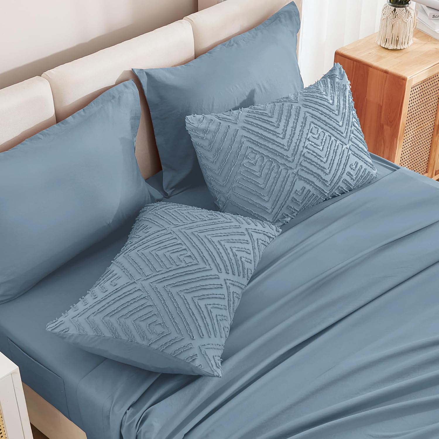 Andency Queen Size Comforter Set 7 Piece Grayish Blue - Bed in a Bag Queen Boho Lightweight Fluffy Tufted Bedding Sets with Comforter, Sheets, Pillowcases & Shams - Image 5