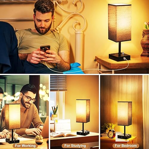 Miniatura 6 de Juego de 2 lámparas de mesita de noche totalmente regulables, color negro, con puertos de carga USB C+A y 2 salidas de CA, juegos de lámparas