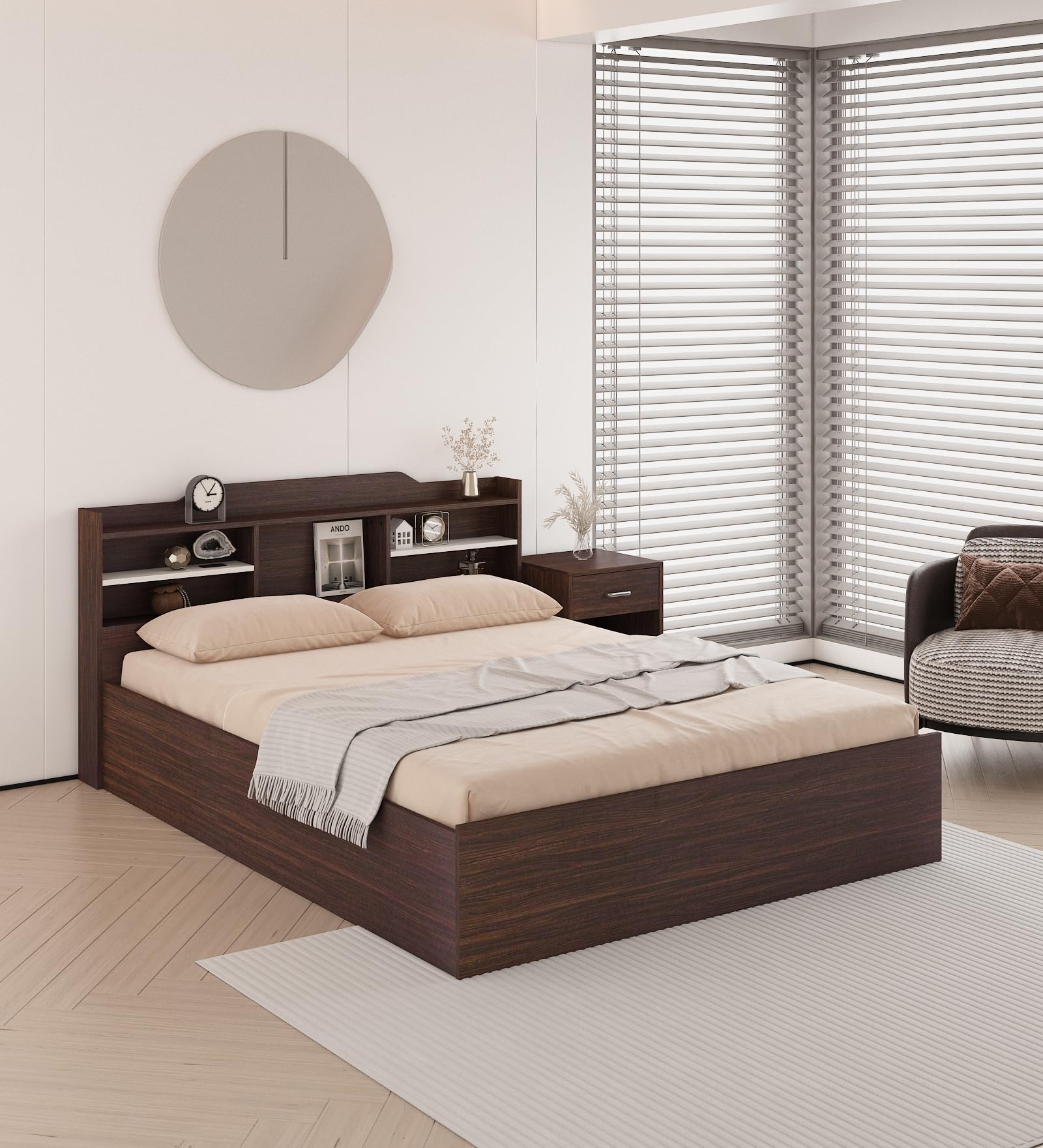 A GLOBIA Creations Viggo Queen Bed with Box Storage | Engineered Wood | Choco Walnut Finish | Headboard Storage | Sturdy & Elegant | Knock-Down Assembly | 36-Months Warranty-picture-12